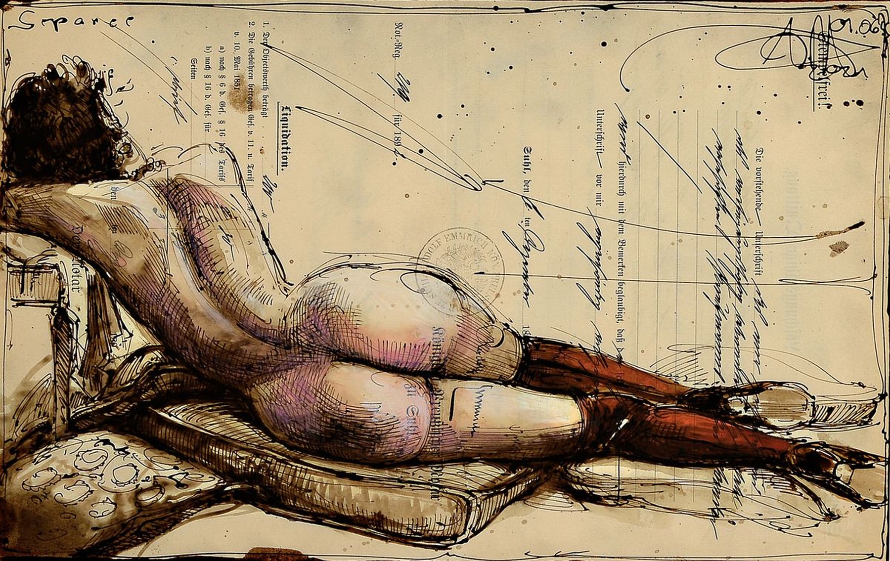 Andreas Noßmann, geb. 1962, Federzeichnung, Aquarell und Farbstift auf antikem Papier, handsigniert, datiert, betitelt "Separee", ...