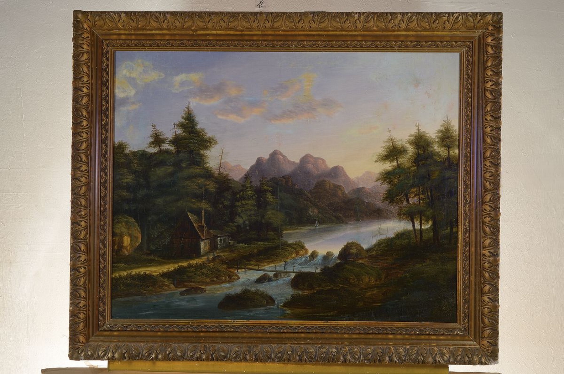 Detail k: Spätromantiker, deutsch, um 1870-80, Landschaft mit Wehr und Hütte, im Hintergrund Berge, Öl/Lwd, rechts unten unleserlich signiert, rest., stark ...