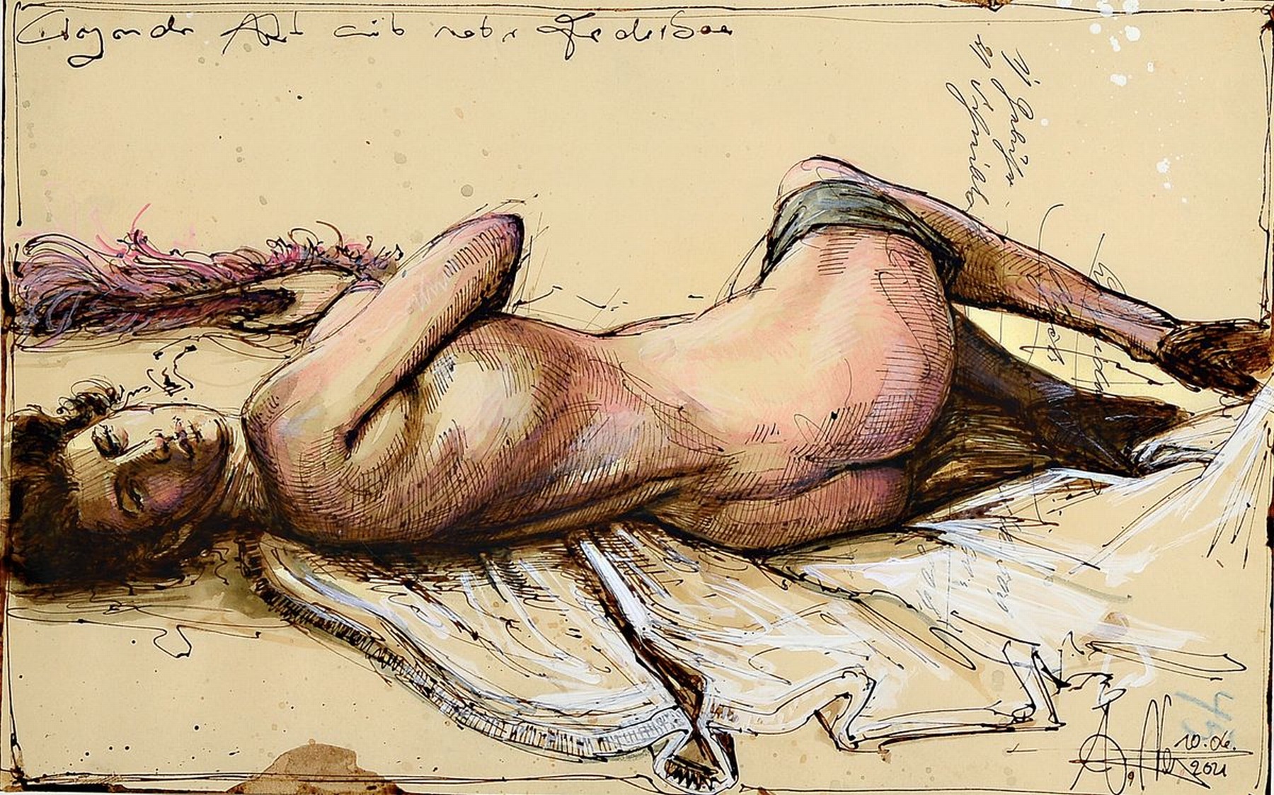 Andreas Noßmann, geb. 1962, Federzeichnung, Aquarell und Farbstift auf antikem Papier, handsigniert, datiert, betitelt "Liegender Akt mit roter ...