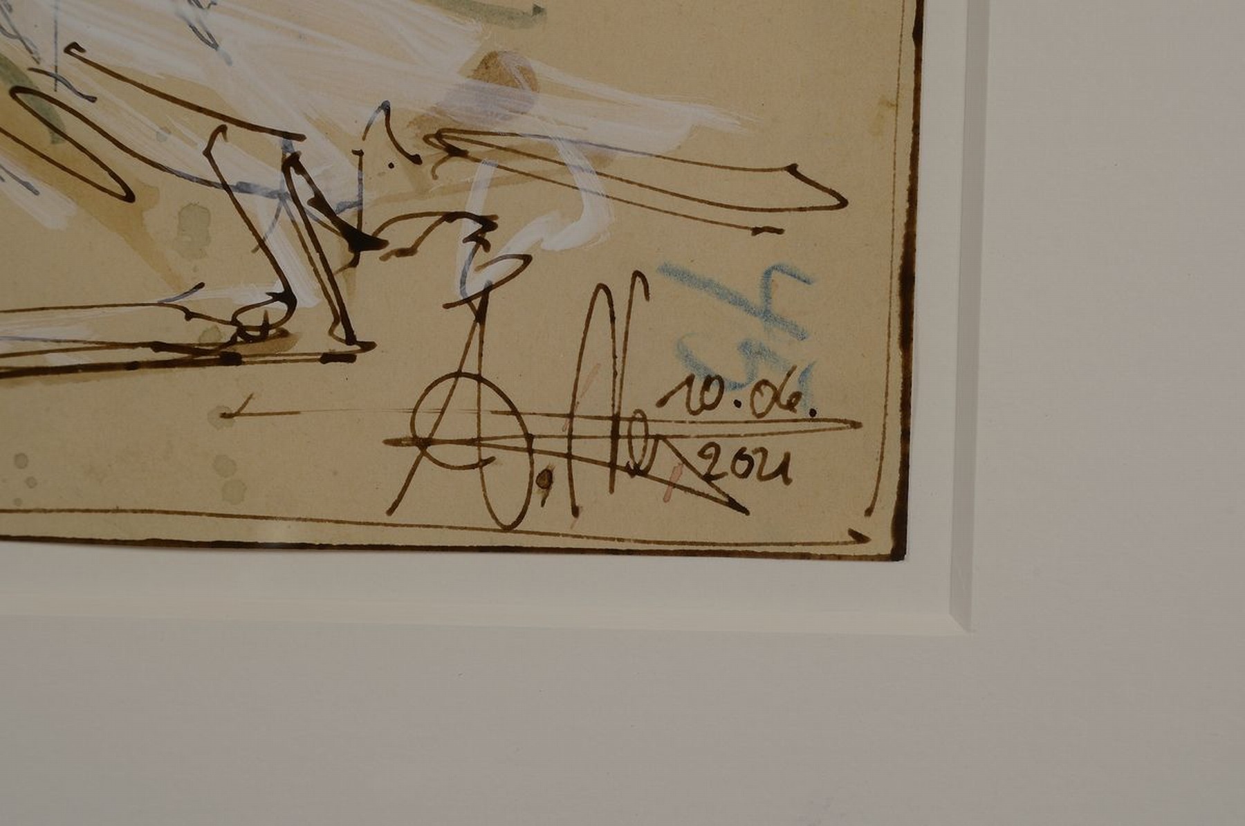 Detail a: Andreas Noßmann, geb. 1962, Federzeichnung, Aquarell und Farbstift auf antikem Papier, handsigniert, datiert, betitelt "Liegender Akt mit roter ...