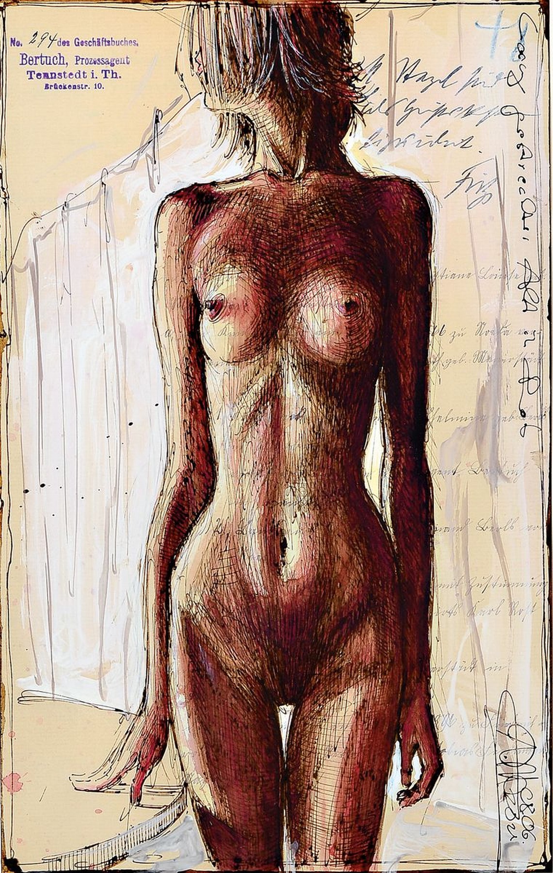 Andreas Noßmann, geb. 1962, Federzeichnung, Aquarell und Farbstift auf antikem Papier, handsigniert, datiert, betitelt "Lang gestreckter Akt in ...