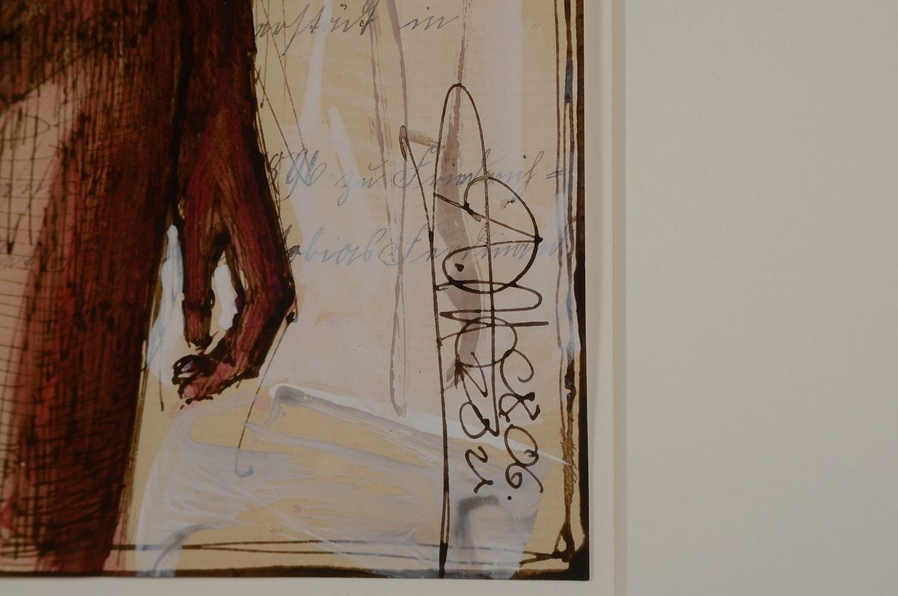 Detail a: Andreas Noßmann, geb. 1962, Federzeichnung, Aquarell und Farbstift auf antikem Papier, handsigniert, datiert, betitelt "Lang gestreckter Akt in ...