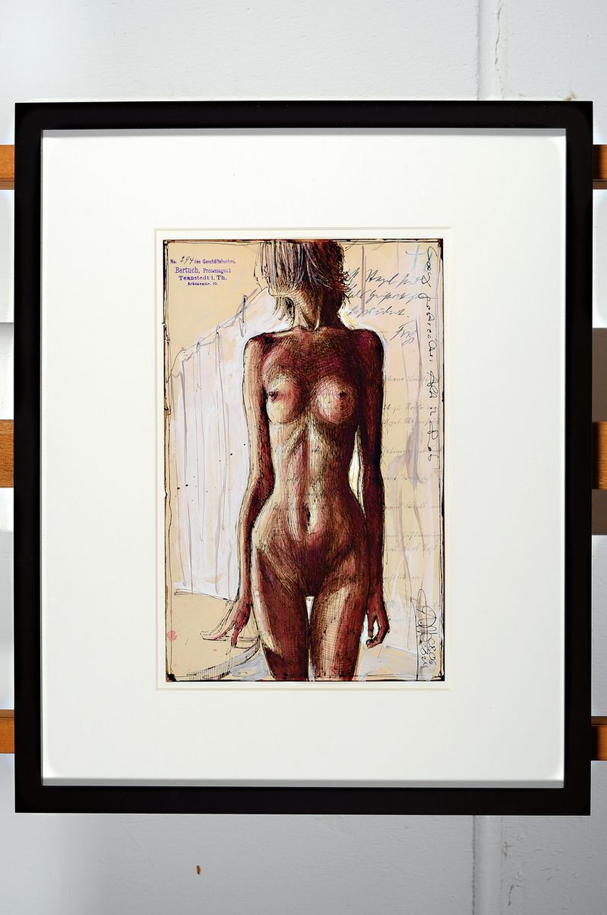 Detail k: Andreas Noßmann, geb. 1962, Federzeichnung, Aquarell und Farbstift auf antikem Papier, handsigniert, datiert, betitelt "Lang gestreckter Akt in ...