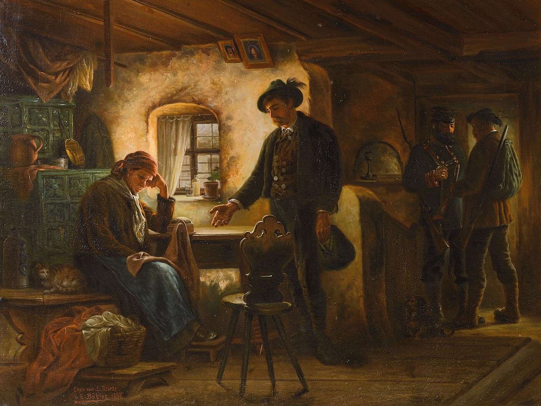 E. Böhler, datiert 1897, Bäuerliches Interieur, der Sohn verlässt die Mutter, im Hintergrund Soldat und Vater, Öl/Lwd, qualitätvolle lasierende ...