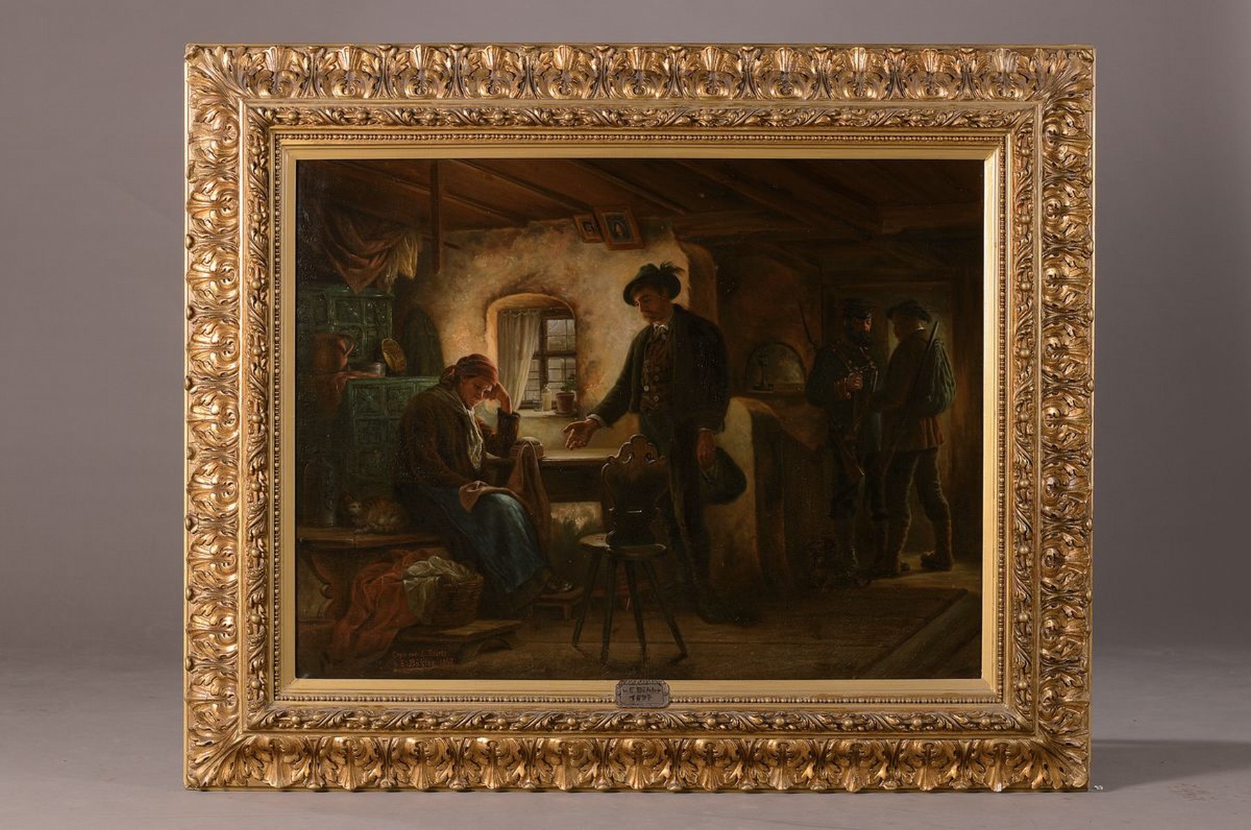 Detail k: E. Böhler, datiert 1897, Bäuerliches Interieur, der Sohn verlässt die Mutter, im Hintergrund Soldat und Vater, Öl/Lwd, qualitätvolle lasierende ...