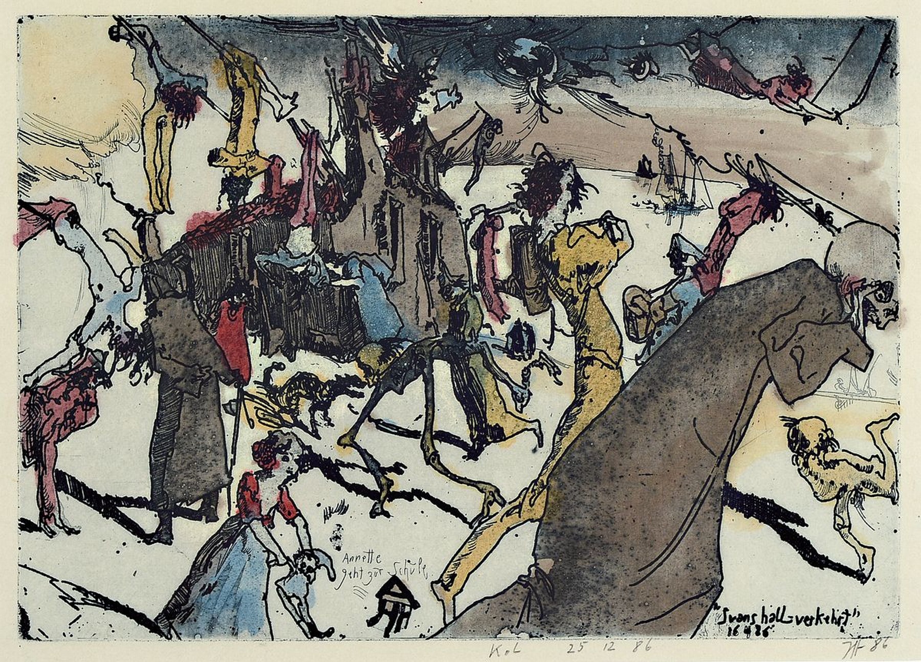 Horst Janssen, 1929 - 1995, Aquarell über Radierung auf Japanbütten, re. u. handsigniert, datiert (19)86, 24.5 x 32.5 cm, unter, Glas, Rahmen: 36 x ...