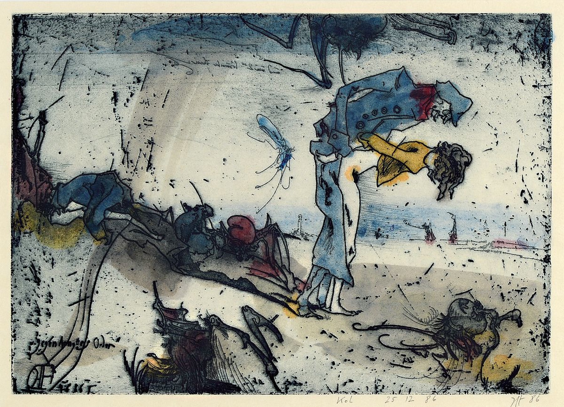 Horst Janssen, 1929 - 1995, Aquarell über Radierung auf Japanbütten, re. u. handsigniert, datiert (19)86, 24.5 x 32.5 cm, unter, Glas, Rahmen: 36 x ...