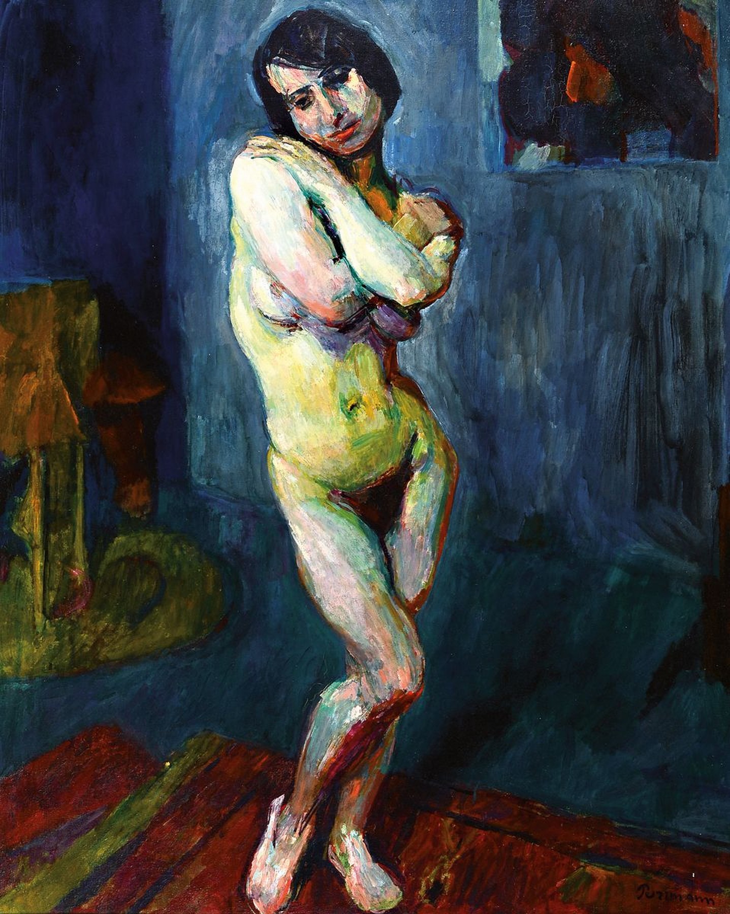 Hans Purrmann, 1880 Speyer - München 1966, stehender Frauenakt, Öl/Lwd, signiert, aus 1914, früher expressiver Akt mit verschränkten Armen, ...