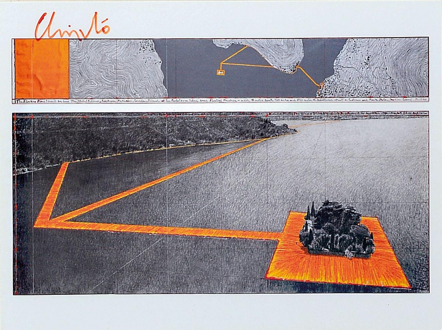 Christo, 1935 -2020, Lot aus zwei Teilen, a. Multiple "Floating PIers", handsigniert, Rahmen 53 x 43 cm, dazu b. original Stoffstück aus ...