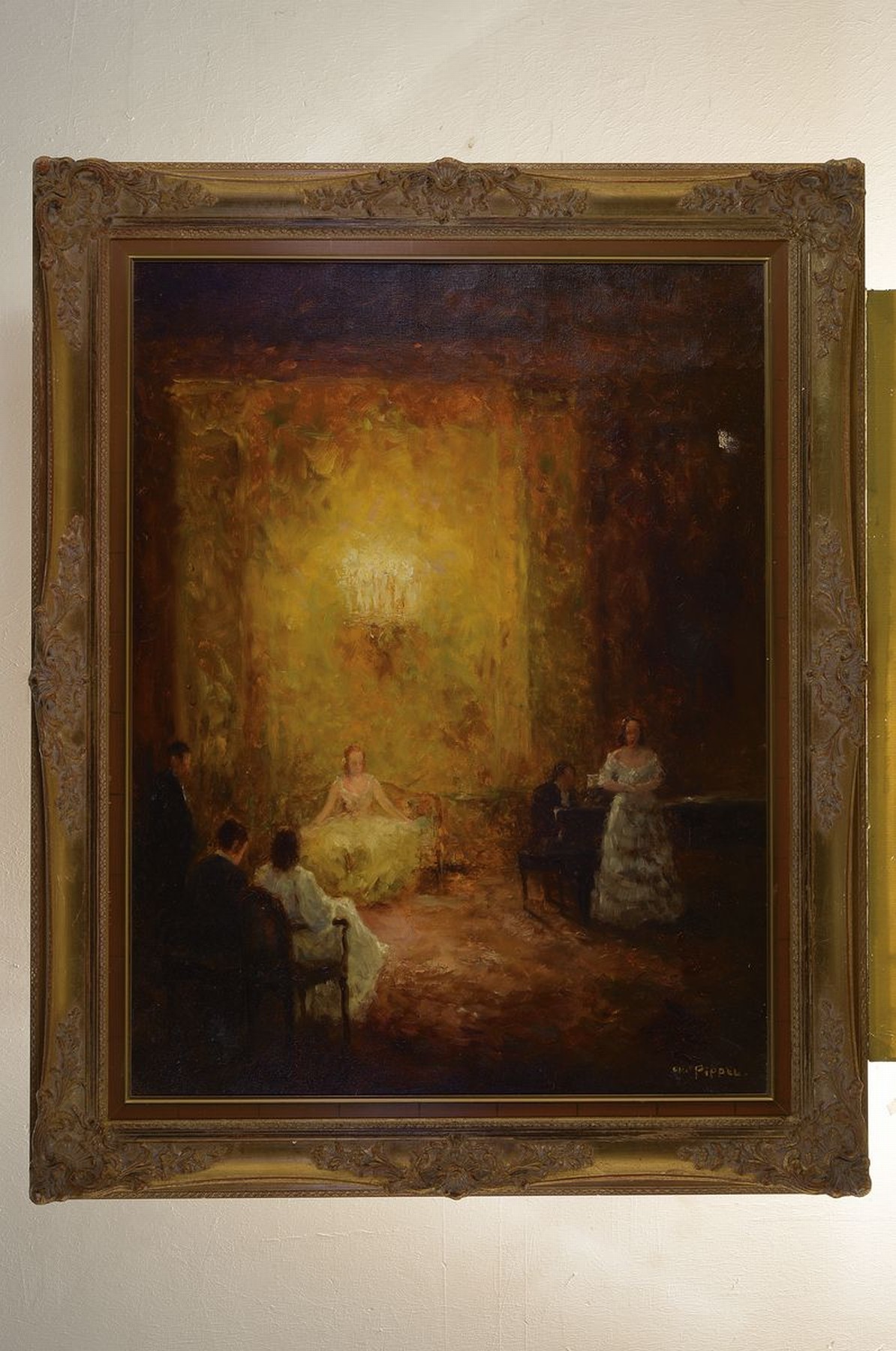 Detail k: Otto Pippel, 1878 Lodz - 1960 Planegg, Hauskonzert, um 1930/40 entstanden, Pianist mit zwei Sängerinnen u. kleinem Publikum, meisterliche ...