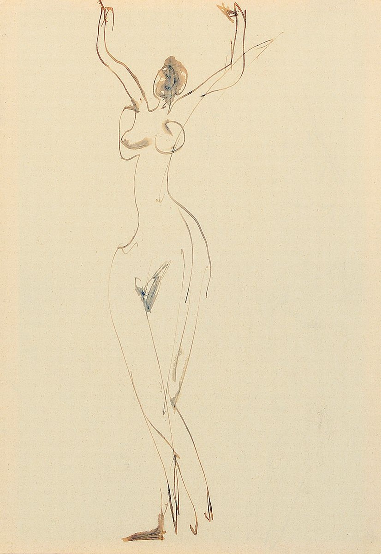 Ernst Ludwig Kirchner, 1880 - 1938, zwei lavierte Tuschezeichnungen auf chamoisfarbenem Velin (Vorder- und Rückseite) a. tanzender weiblicher Akt, ...