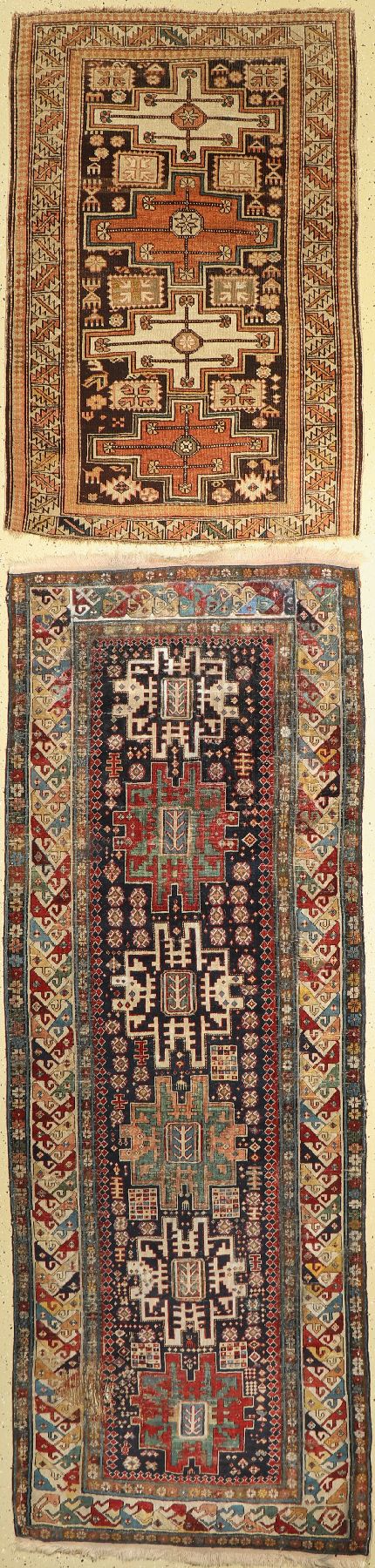 Zwei Antike Kazak, Kaukasus, um 1900, Wolle auf Wolle, ca, 265 x 97 cm, EHZ: 5, ca, 148 x 98 cm, EHZ: 3-4