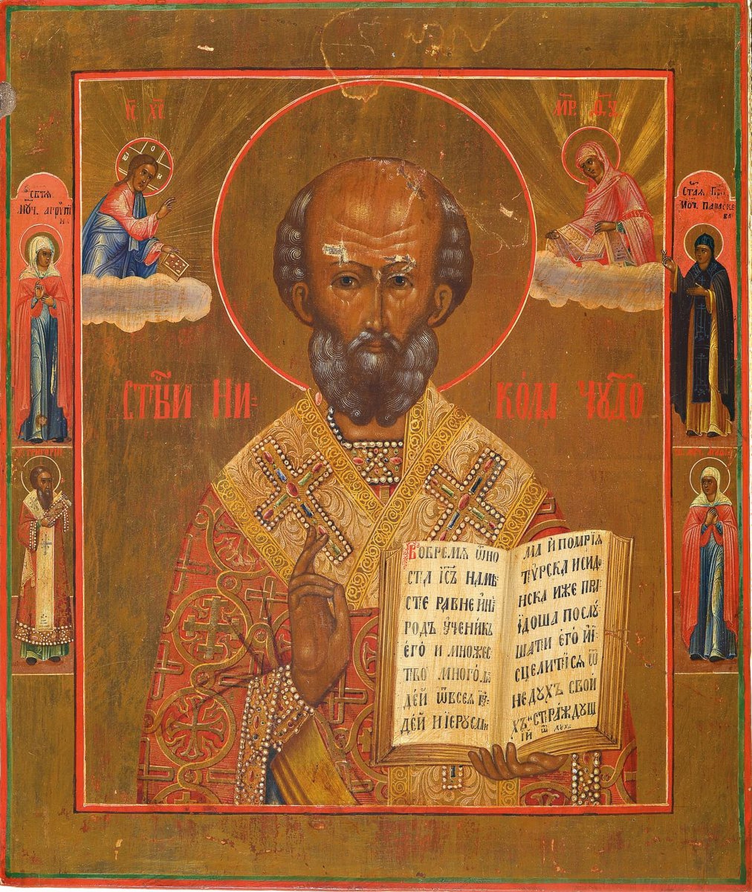 Ikone, Russland, 2. Hälfte 19. Jh., Hl. Nikolaus, Tempera auf Holz, Goldgrund gewaschen, vier Randheilige, darüber Christus und Maria, ca. ...