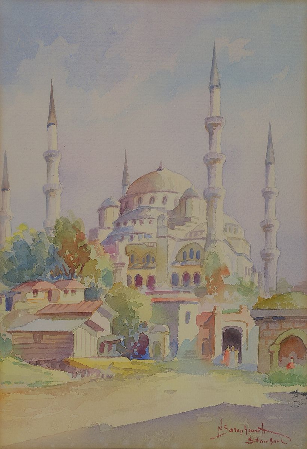 Detail b: Nikolai Saraphanoff, Maler des 19./20. Jh., 3 Ansichten aus Istanbul, Aquarell auf Papier, alle signiert, je ca. 41x28cm, PP, u.Gl., R. ca. 61x46cm