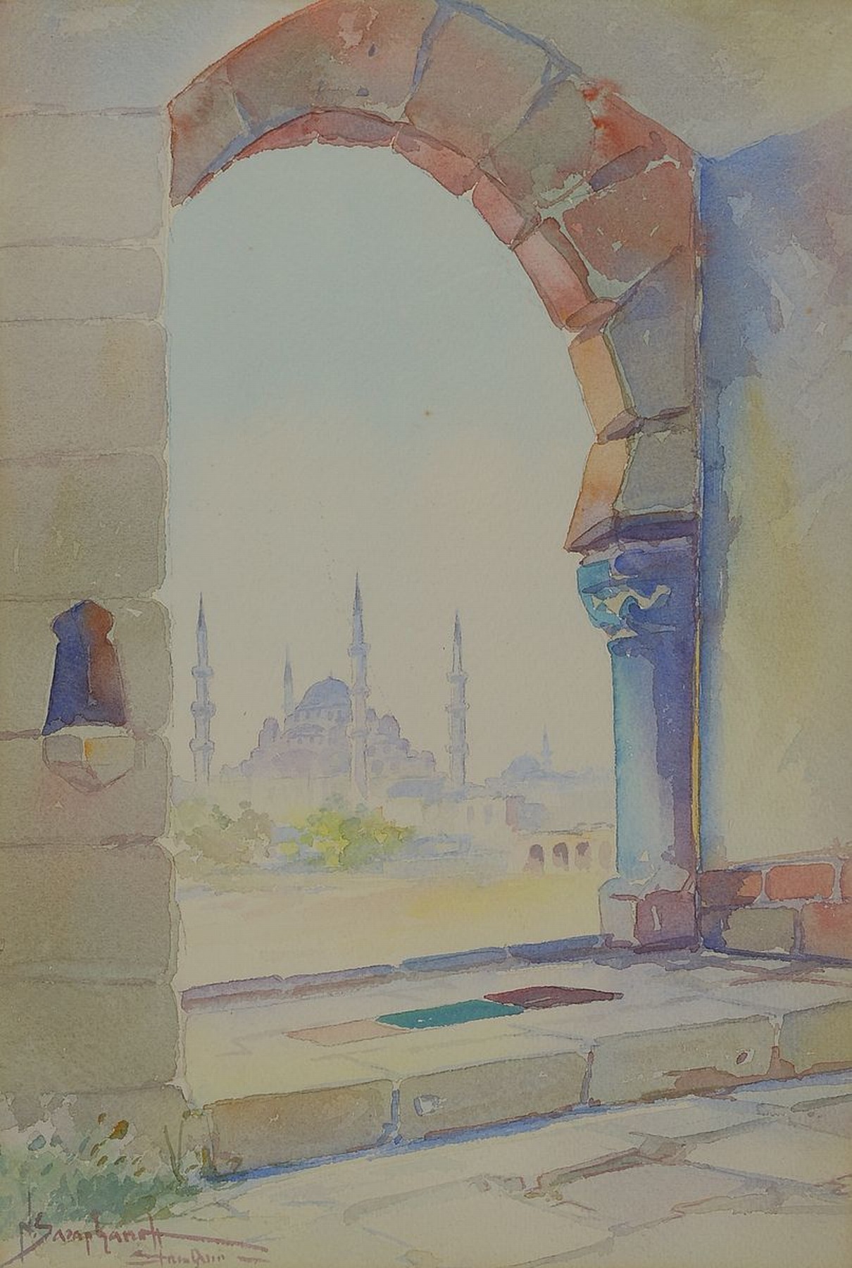Detail d: Nikolai Saraphanoff, Maler des 19./20. Jh., 3 Ansichten aus Istanbul, Aquarell auf Papier, alle signiert, je ca. 41x28cm, PP, u.Gl., R. ca. 61x46cm