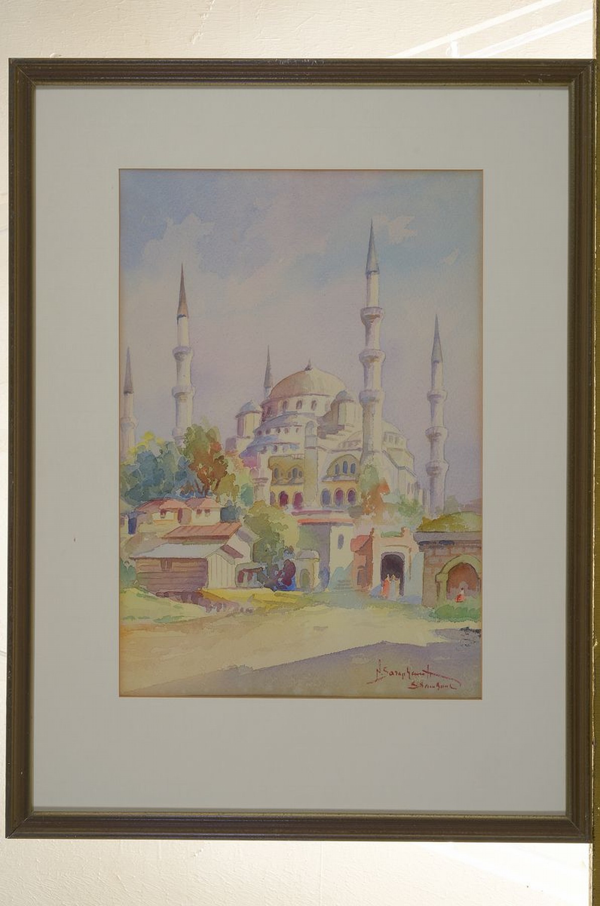 Detail m: Nikolai Saraphanoff, Maler des 19./20. Jh., 3 Ansichten aus Istanbul, Aquarell auf Papier, alle signiert, je ca. 41x28cm, PP, u.Gl., R. ca. 61x46cm