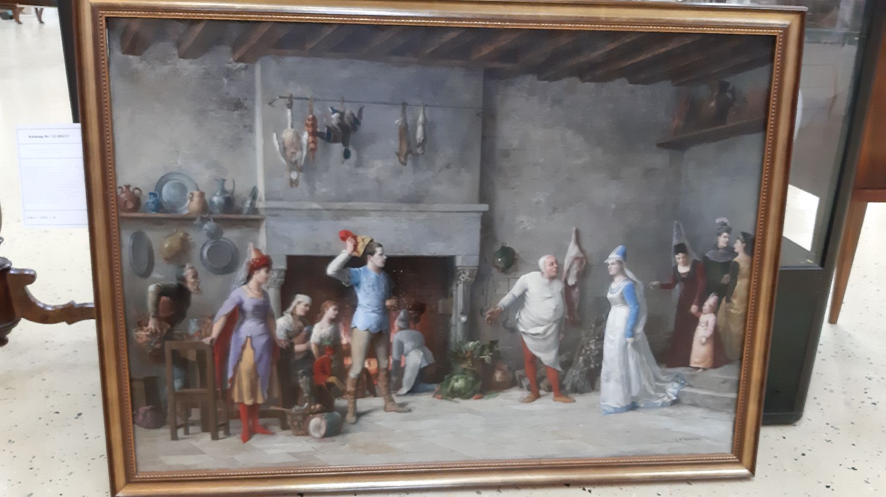 Detail i: Lucien Francois Regnart, frz. Maler des ausgehenden 19. Jh., vielfiguriges Kücheninterieur, der Koch stellt eine junge Frau einem jungen Mann vor, ...