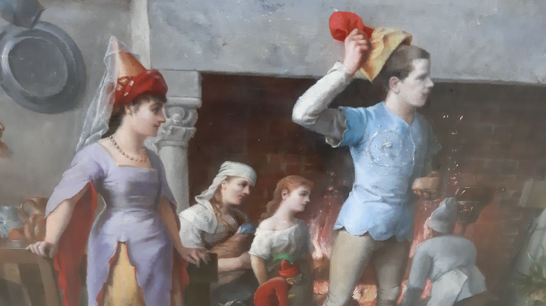Detail j: Lucien Francois Regnart, frz. Maler des ausgehenden 19. Jh., vielfiguriges Kücheninterieur, der Koch stellt eine junge Frau einem jungen Mann vor, ...