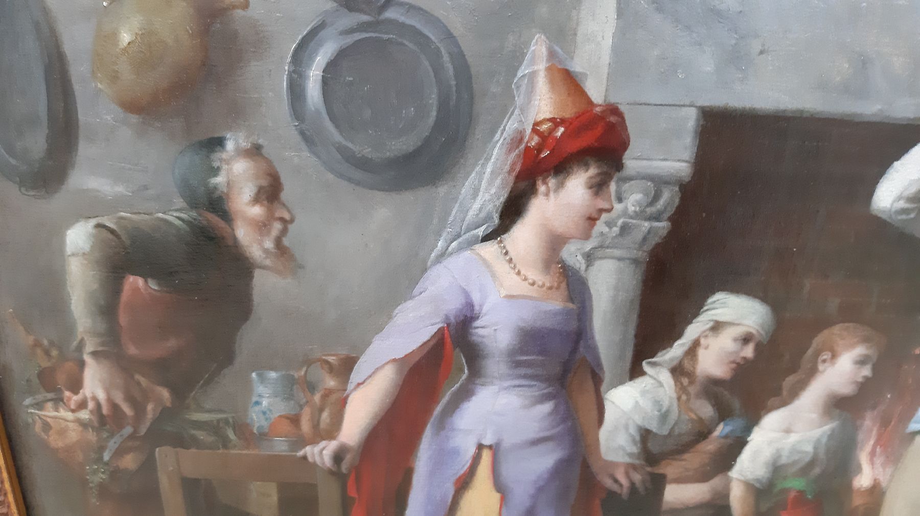 Detail l: Lucien Francois Regnart, frz. Maler des ausgehenden 19. Jh., vielfiguriges Kücheninterieur, der Koch stellt eine junge Frau einem jungen Mann vor, ...