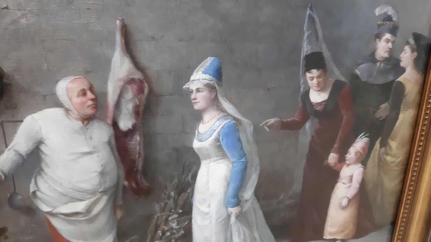 Detail m: Lucien Francois Regnart, frz. Maler des ausgehenden 19. Jh., vielfiguriges Kücheninterieur, der Koch stellt eine junge Frau einem jungen Mann vor, ...