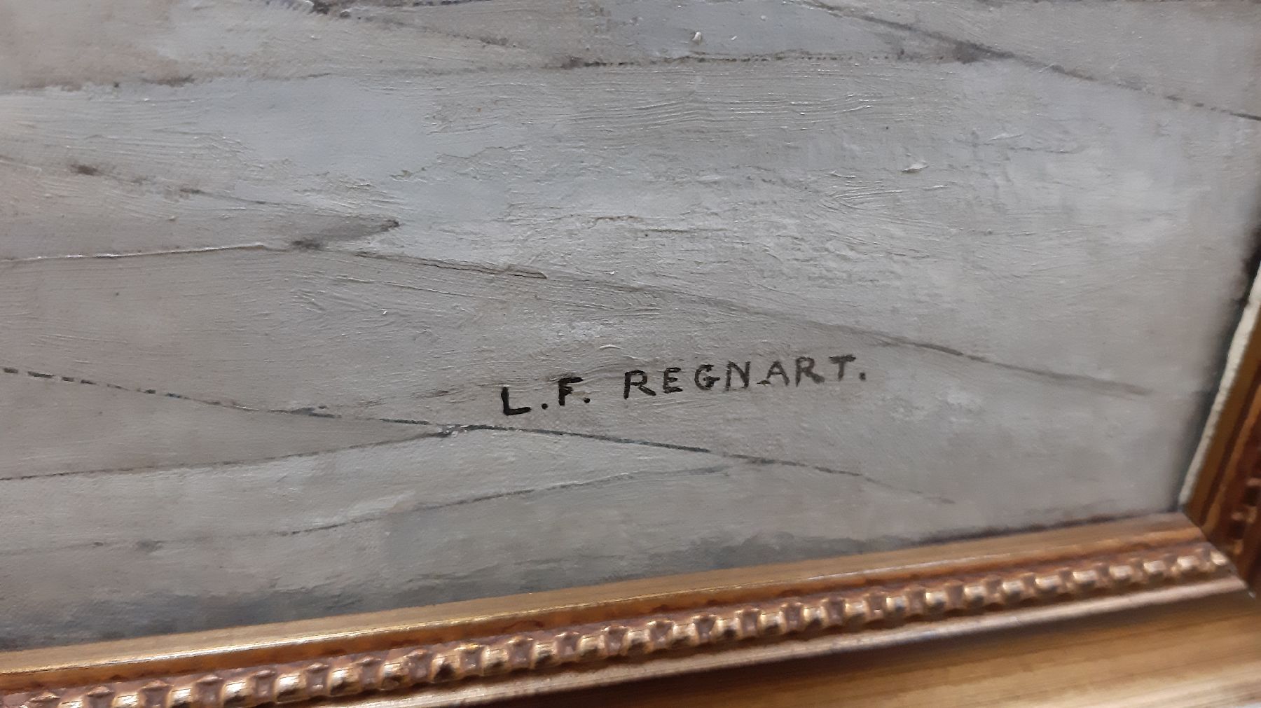Detail n: Lucien Francois Regnart, frz. Maler des ausgehenden 19. Jh., vielfiguriges Kücheninterieur, der Koch stellt eine junge Frau einem jungen Mann vor, ...
