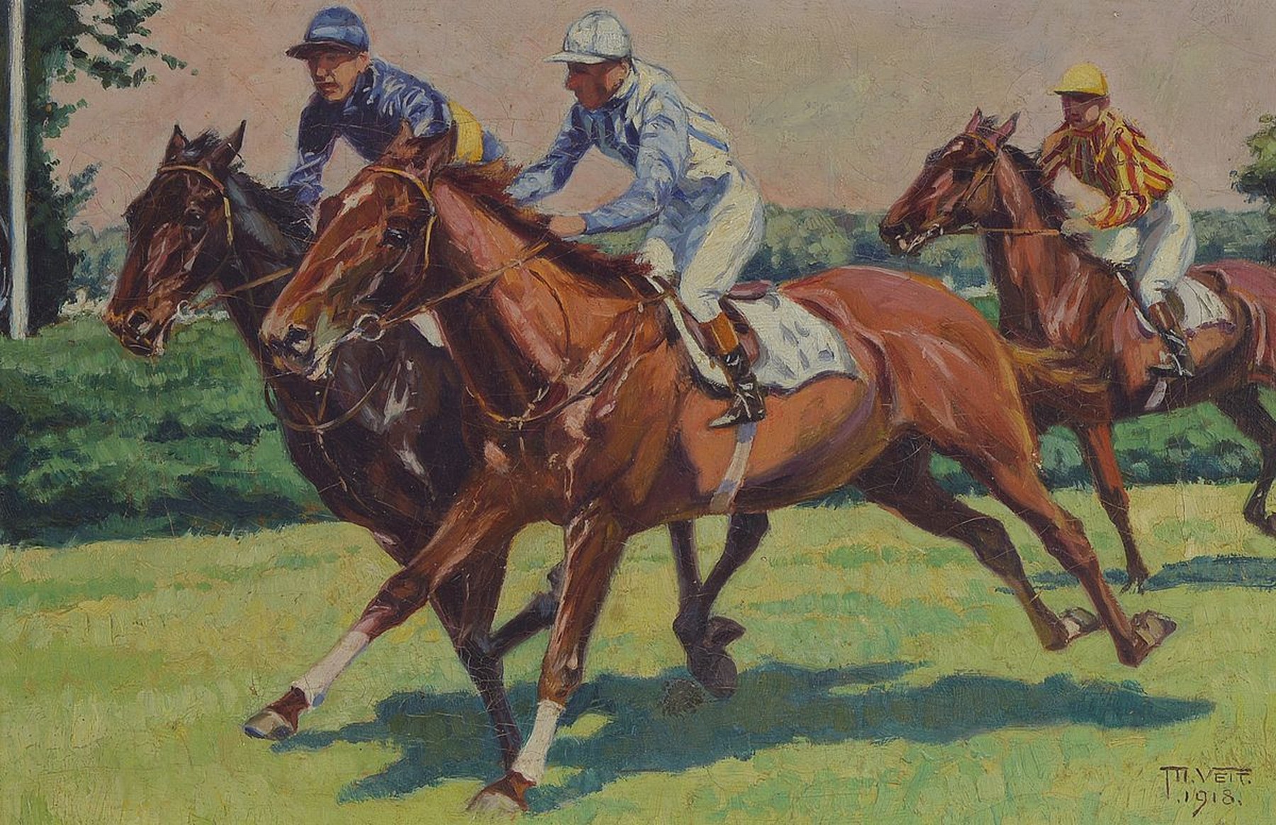 Moritz Veit, 1867 Mainz-1958, Studium an der Akademie München, hier: Beim Pferderennen, Öl/Lwd, rest., rechts unten signiert und dat. 1918, ca. ...
