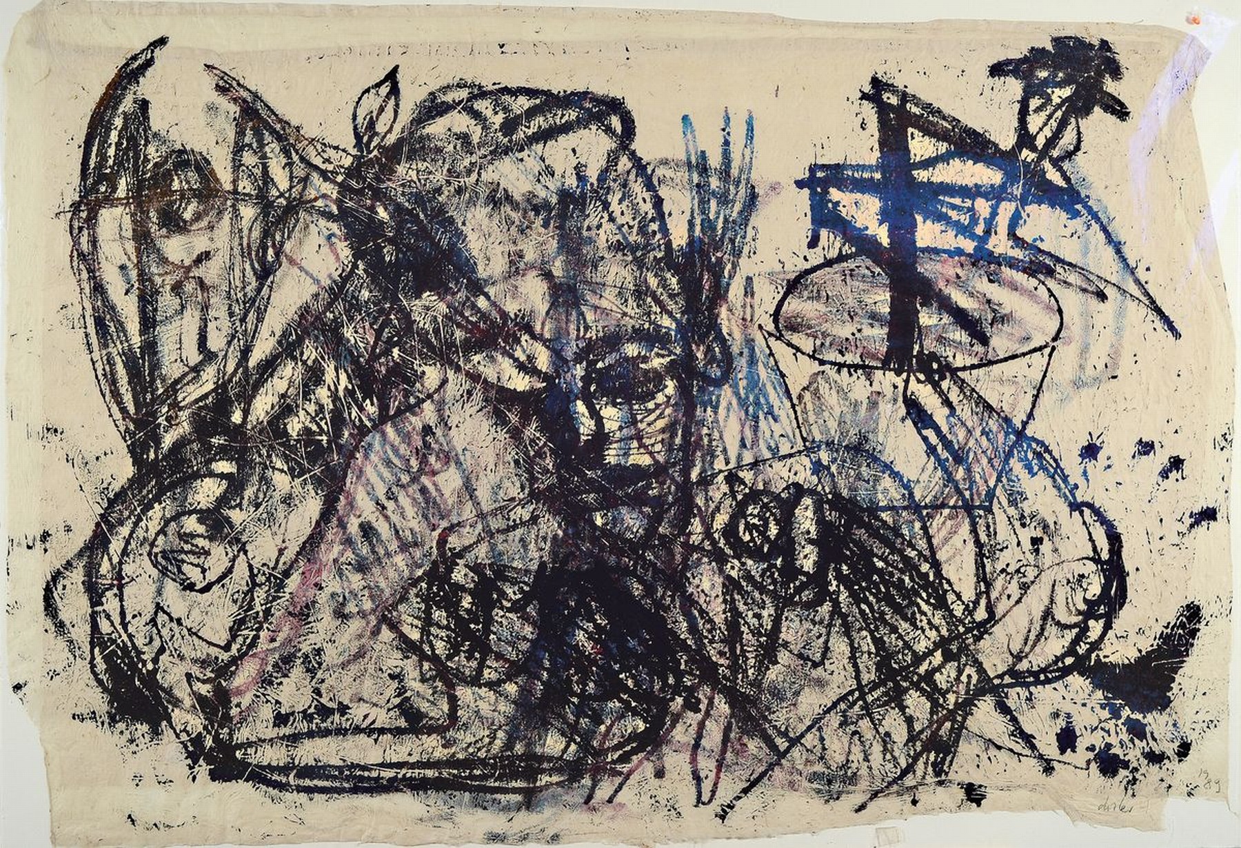 Martin Disler, 1949-1996, Ohne Titel, Mischtechnik auf dünnem Papier, signiert und dat. 1989, Ränder ungleich und geknickt, ca. 52x77cm