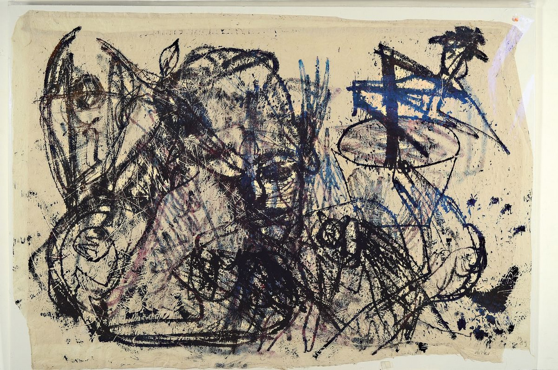 Detail k: Martin Disler, 1949-1996, Ohne Titel, Mischtechnik auf dünnem Papier, signiert und dat. 1989, Ränder ungleich und geknickt, ca. 52x77cm