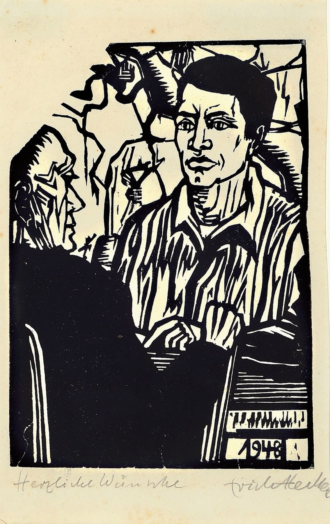 Erich Heckel, 1883-1970, Gespräch, Jahresblatt 1948, Holzschnitt, handsigniert, ca. 17x13cm, PP, u.Gl., R. ca. 31x25cm