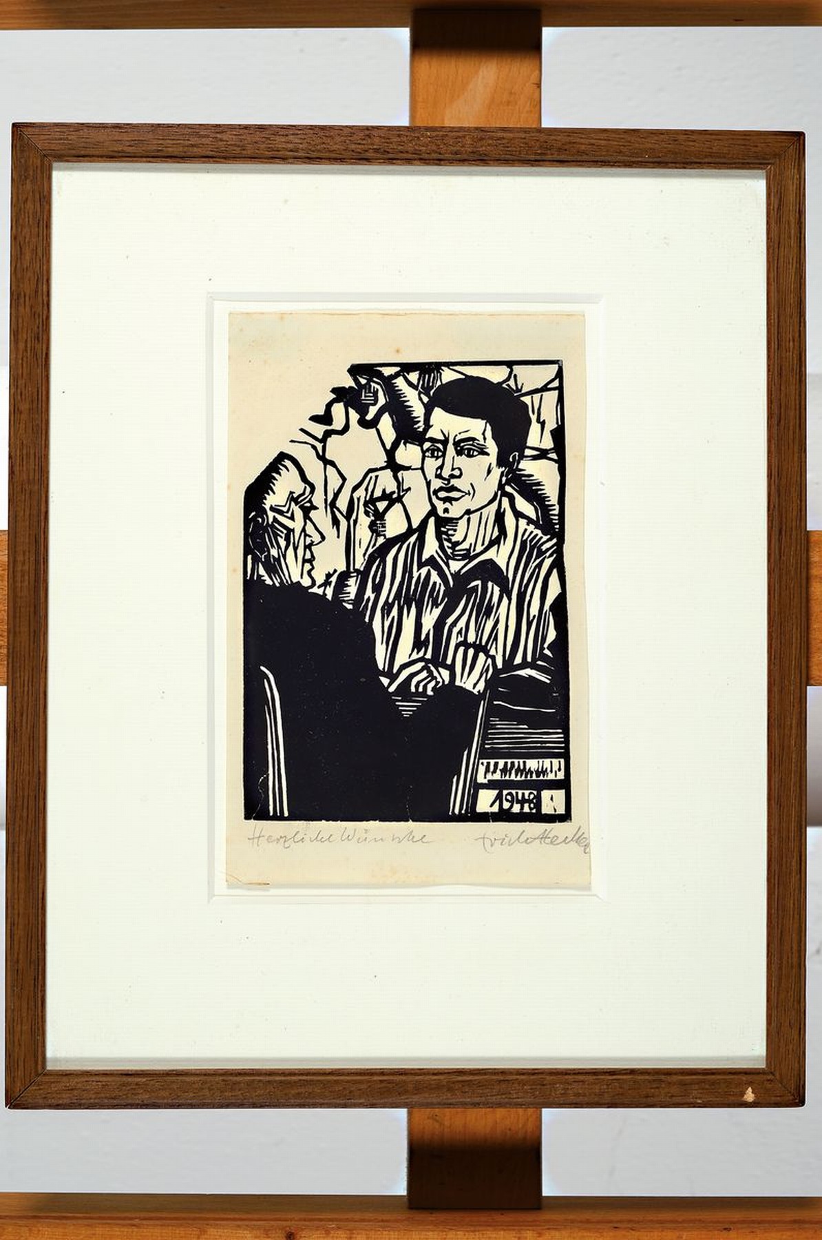 Detail k: Erich Heckel, 1883-1970, Gespräch, Jahresblatt 1948, Holzschnitt, handsigniert, ca. 17x13cm, PP, u.Gl., R. ca. 31x25cm