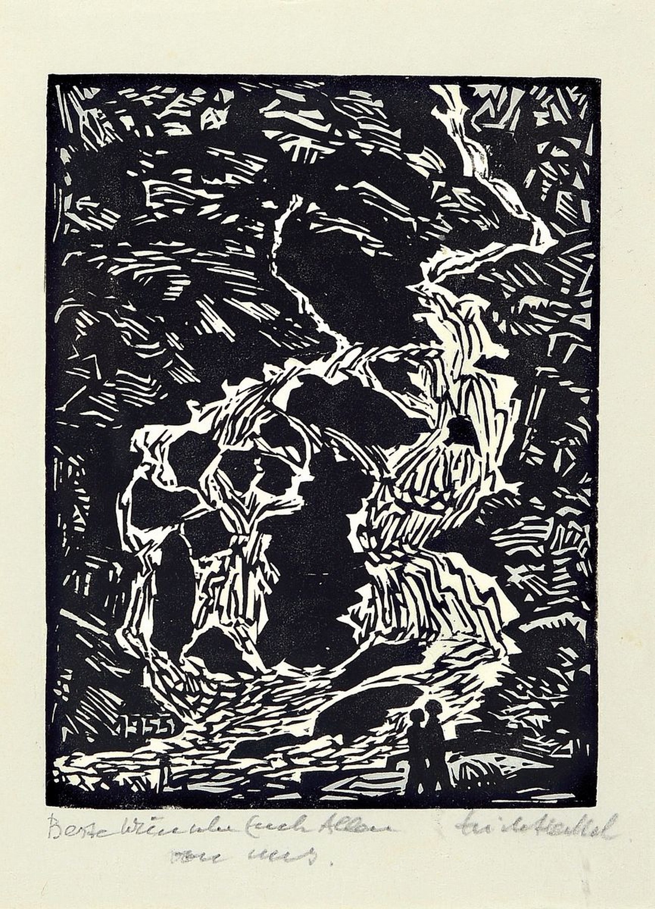 Erich Heckel, 1883-1970, Jahresblatt 1955, Holzschnitt, handsigniert, handschriftl. Widmung: Beste Wünsche euch allen von uns, ca. 17x13cm, PP, ...