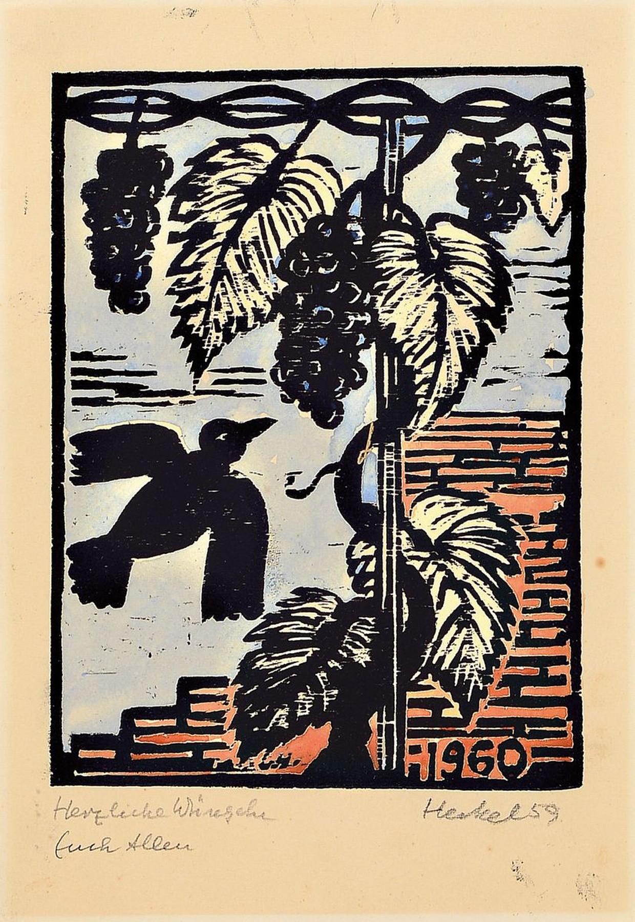 Erich Heckel, 1883-1970, Jahresblatt 1960, kolorierter Holzschnitt, signiert und dat. 59, handschriftl. Widmung, ca. 18x13cm, PP, u.Gl., R. ca. ...
