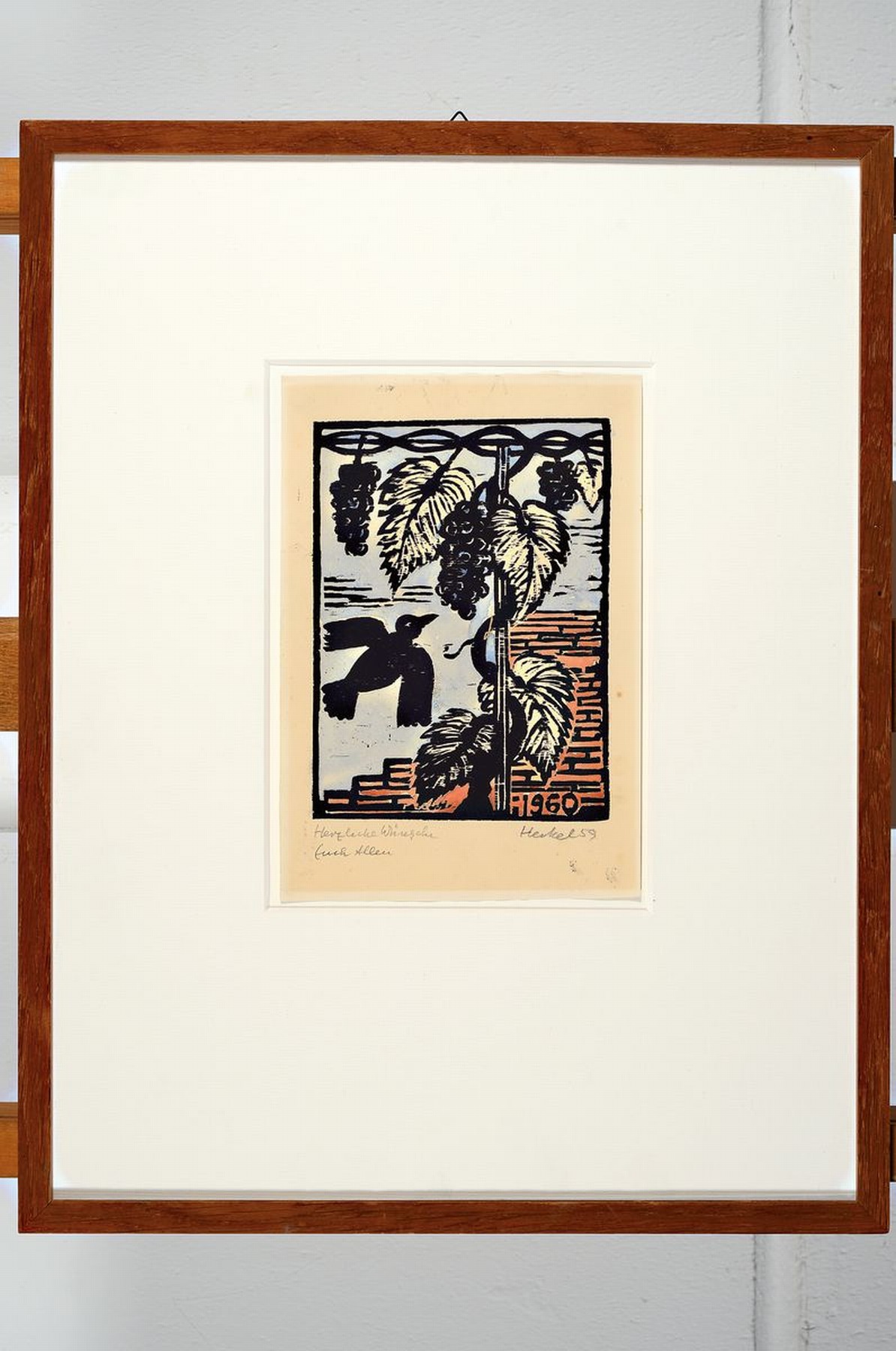 Detail k: Erich Heckel, 1883-1970, Jahresblatt 1960, kolorierter Holzschnitt, signiert und dat. 59, handschriftl. Widmung, ca. 18x13cm, PP, u.Gl., R. ca. ...