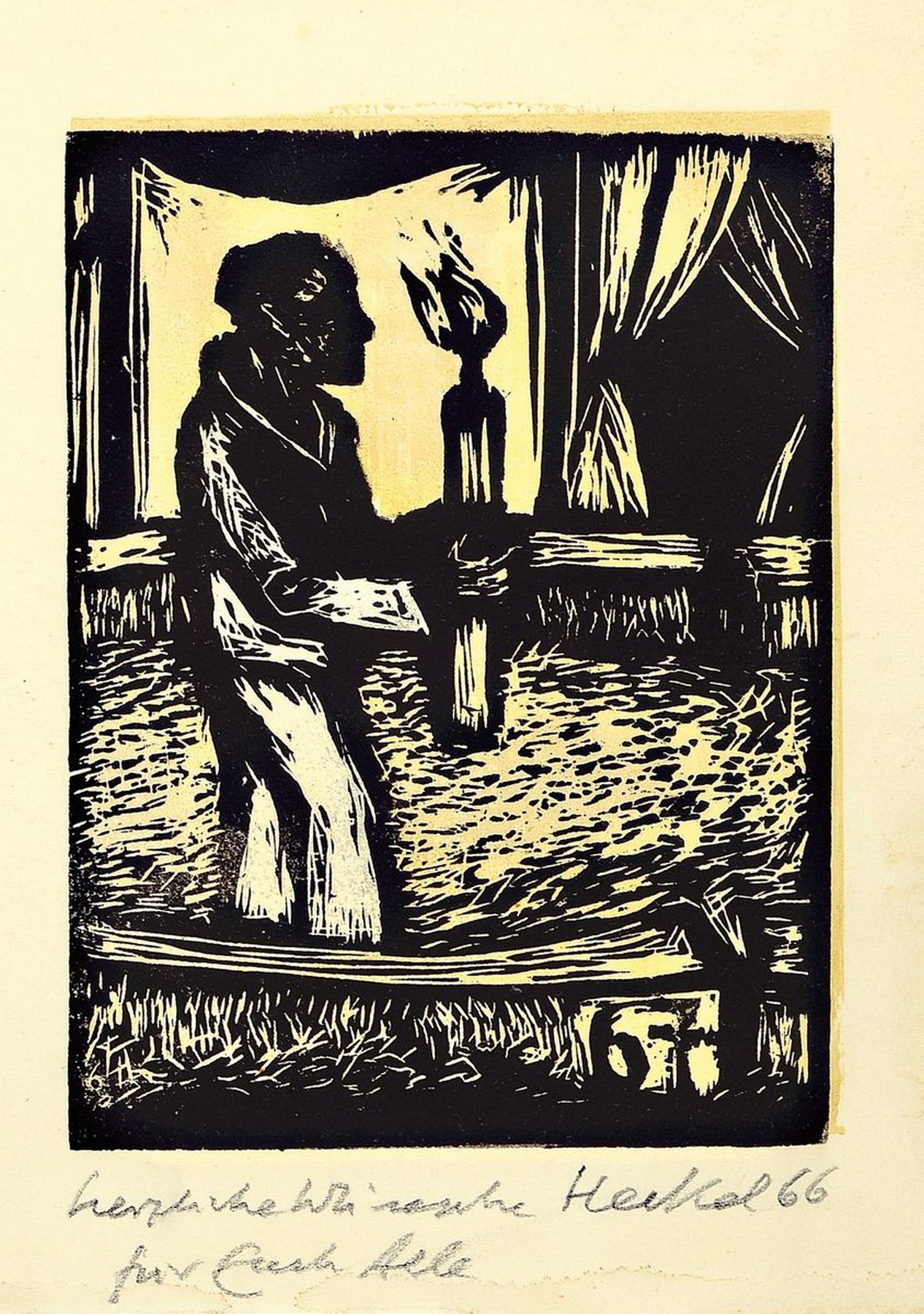 Erich Heckel, 1883-1970, Jahresblatt 1967, Holzschnitt, signiert und dat. 66, 59, handschriftl. Widmung, ca. 18x14cm, PP, u.Gl., R. ca. 43x33cm