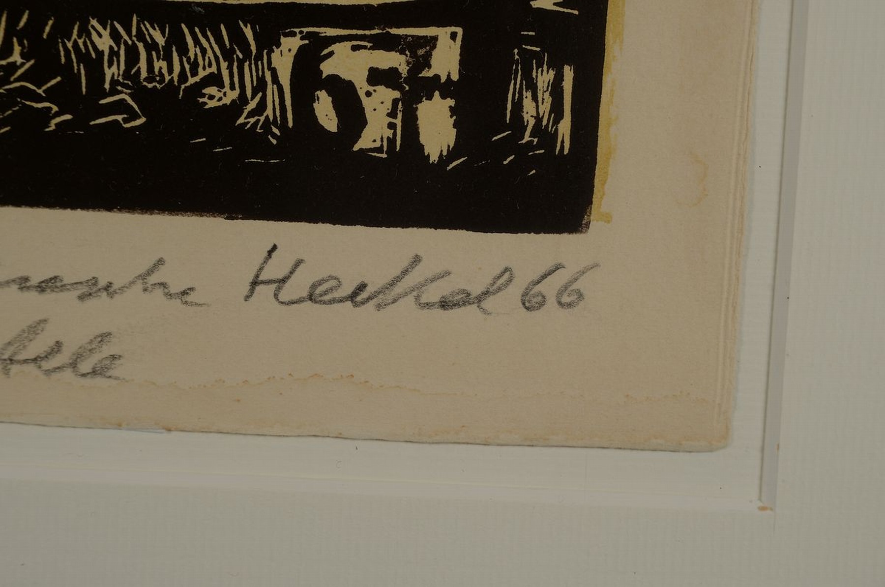 Detail a: Erich Heckel, 1883-1970, Jahresblatt 1967, Holzschnitt, signiert und dat. 66, 59, handschriftl. Widmung, ca. 18x14cm, PP, u.Gl., R. ca. 43x33cm
