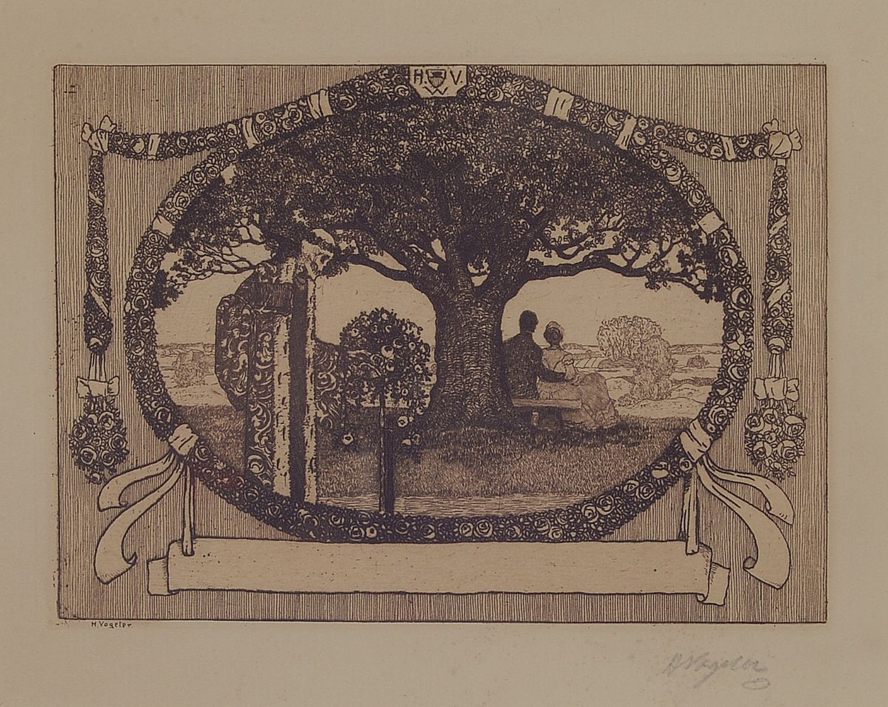Heinrich Vogeler, 1872-1942, Worpswede, Radierung von 1904, Tod bricht Rosen - Liebespaar und Tod, handsigniert , ca. 11x15cm, PP, u.Gl., R. ca. ...