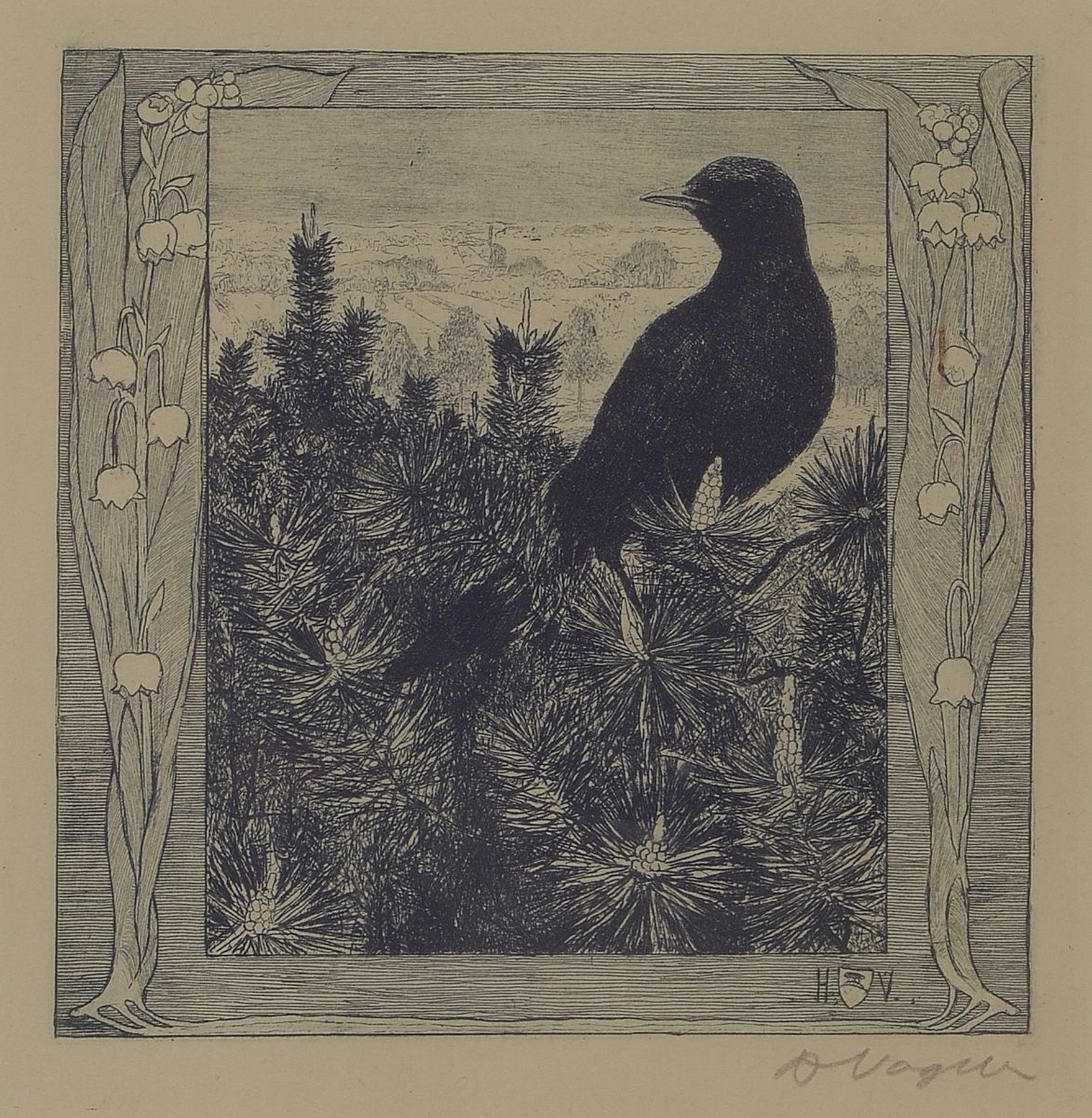 Heinrich Vogeler, 1872-1942, Worpswede, Die Amsel, Radierung von 1899, handsigniert, ca. 14x14cm, PP, u.Gl., R. ca. 40x30cm