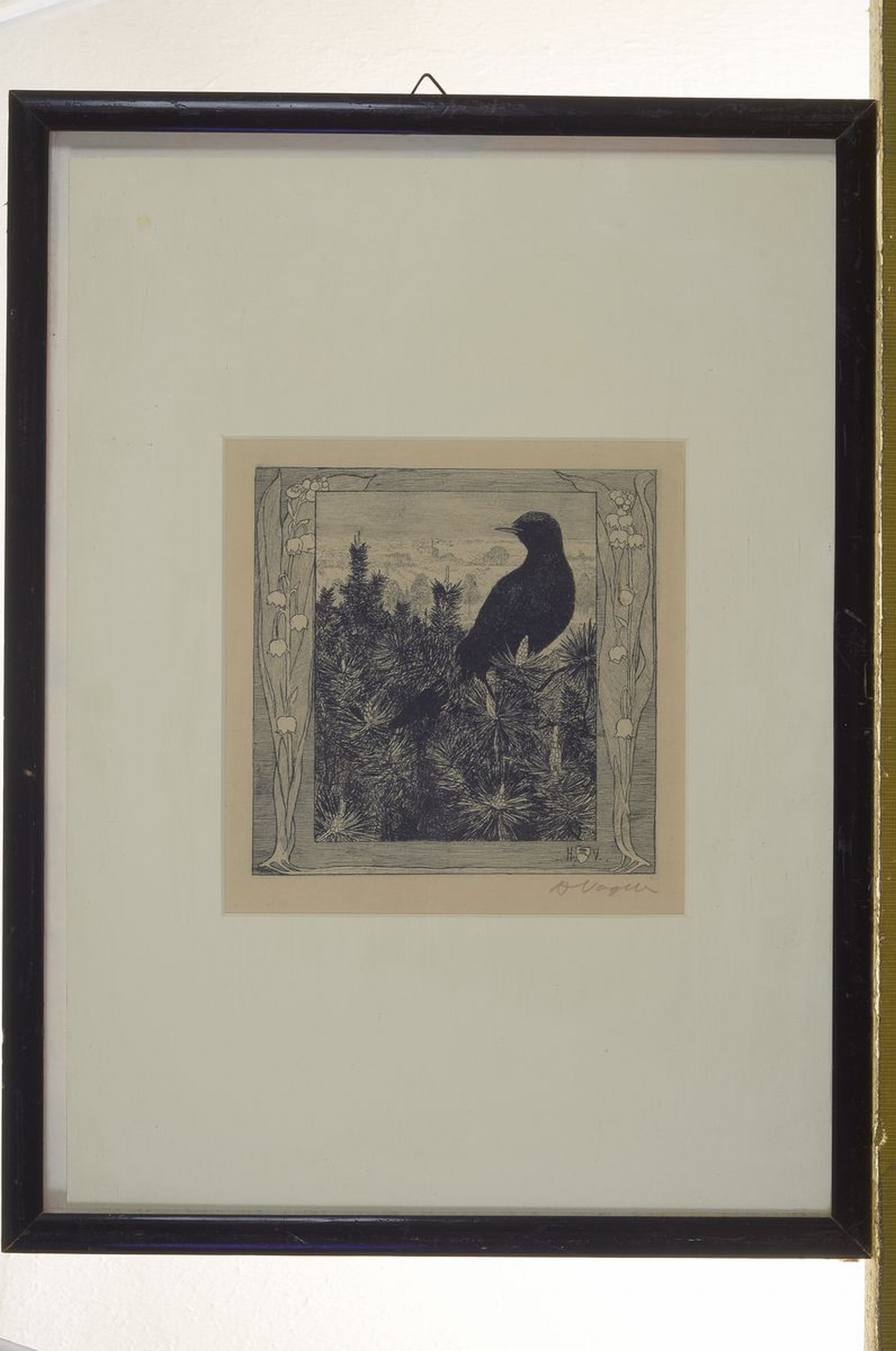 Detail k: Heinrich Vogeler, 1872-1942, Worpswede, Die Amsel, Radierung von 1899, handsigniert, ca. 14x14cm, PP, u.Gl., R. ca. 40x30cm