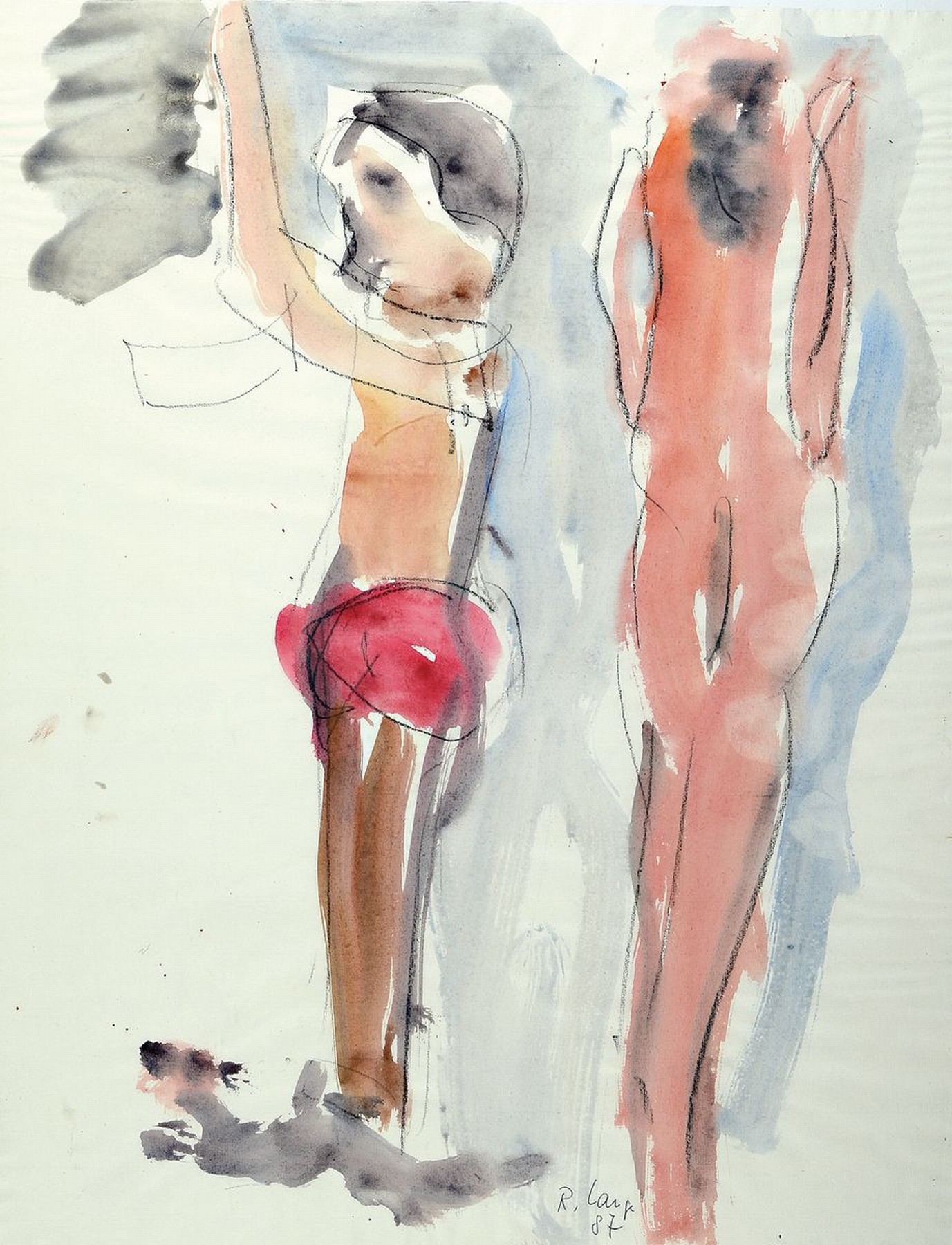 Reinhard Lange, 1938 Hameln-2017, 2 Figuren, Gouache auf Papier, signiert und dat. 87, ca. 62x48cm, u.Gl., R. ca. 74x54cm