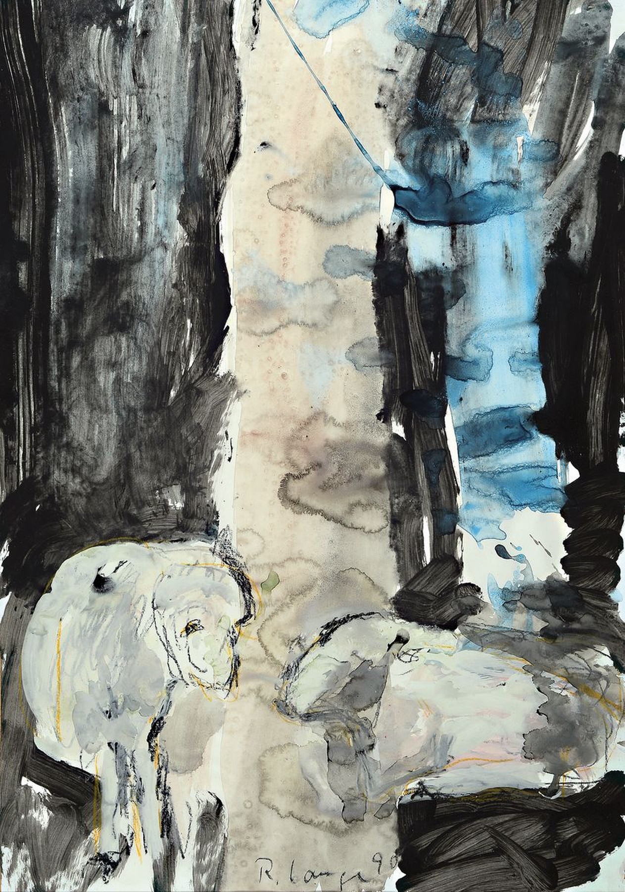 Reinhard Lange, 1938 Hameln-2017, zwei Schafe, Gouache auf Papier, signiert und dat. 90, ca. 69x49cm, u.Gl., R. ca. 71x51cm