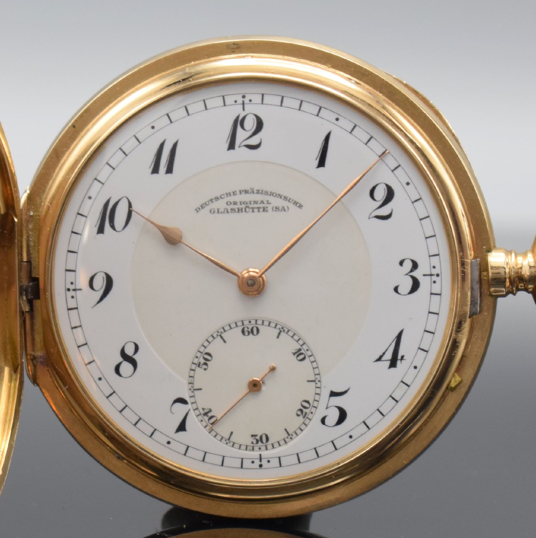 Detail a: Deutsche Präzisionsuhr Original Glashütte (SA) Savonette in GG 585/000, Deutschland um 1925, guill. 2-Deckel Goldgeh. dell., Metallcuvette, ...