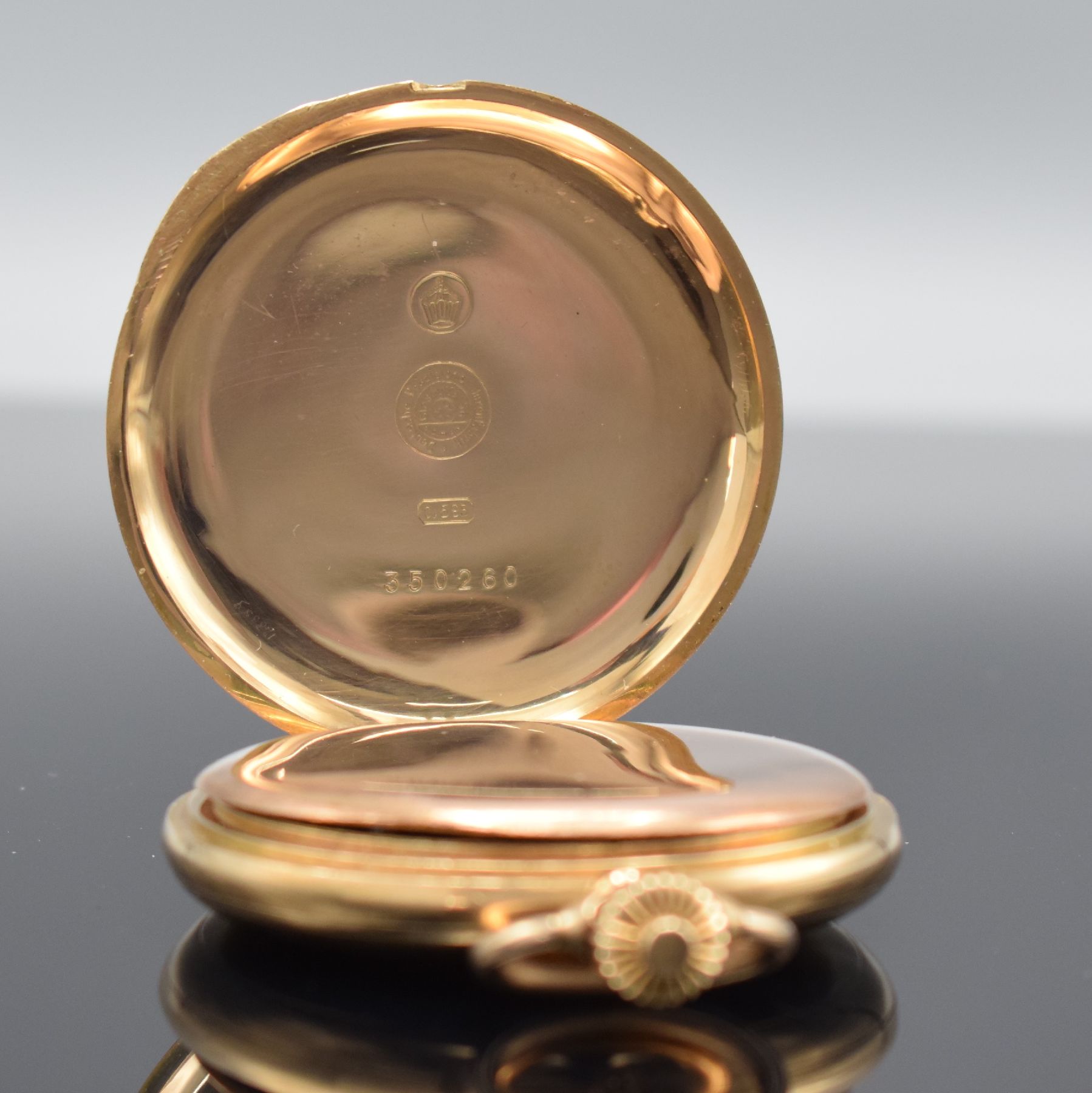 Detail d: Deutsche Präzisionsuhr Original Glashütte (SA) Savonette in GG 585/000, Deutschland um 1925, guill. 2-Deckel Goldgeh. dell., Metallcuvette, ...