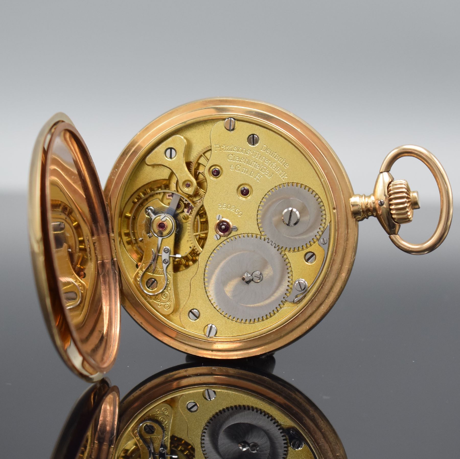 Detail e: Deutsche Präzisionsuhr Original Glashütte (SA) Savonette in GG 585/000, Deutschland um 1925, guill. 2-Deckel Goldgeh. dell., Metallcuvette, ...
