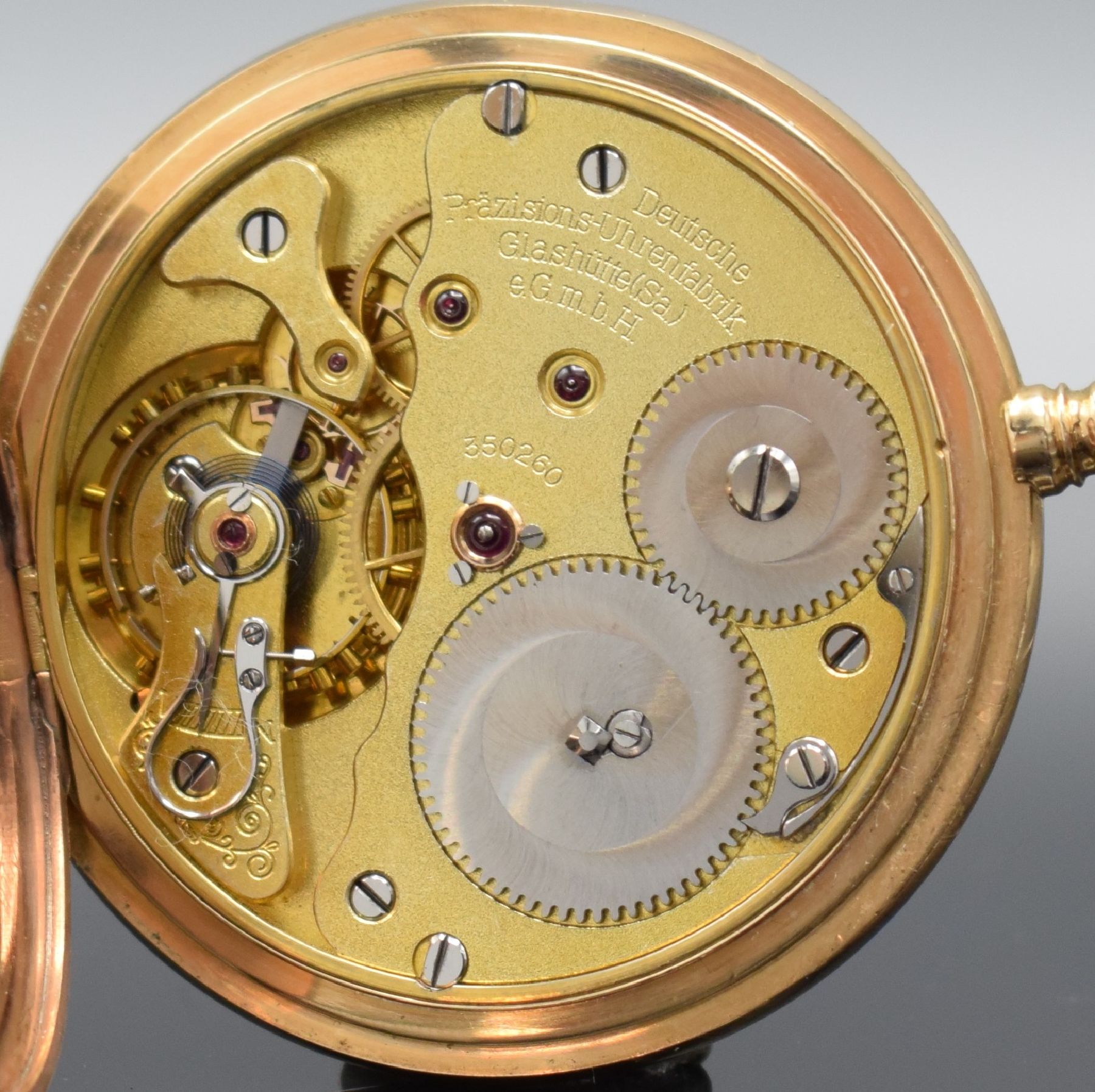Detail f: Deutsche Präzisionsuhr Original Glashütte (SA) Savonette in GG 585/000, Deutschland um 1925, guill. 2-Deckel Goldgeh. dell., Metallcuvette, ...