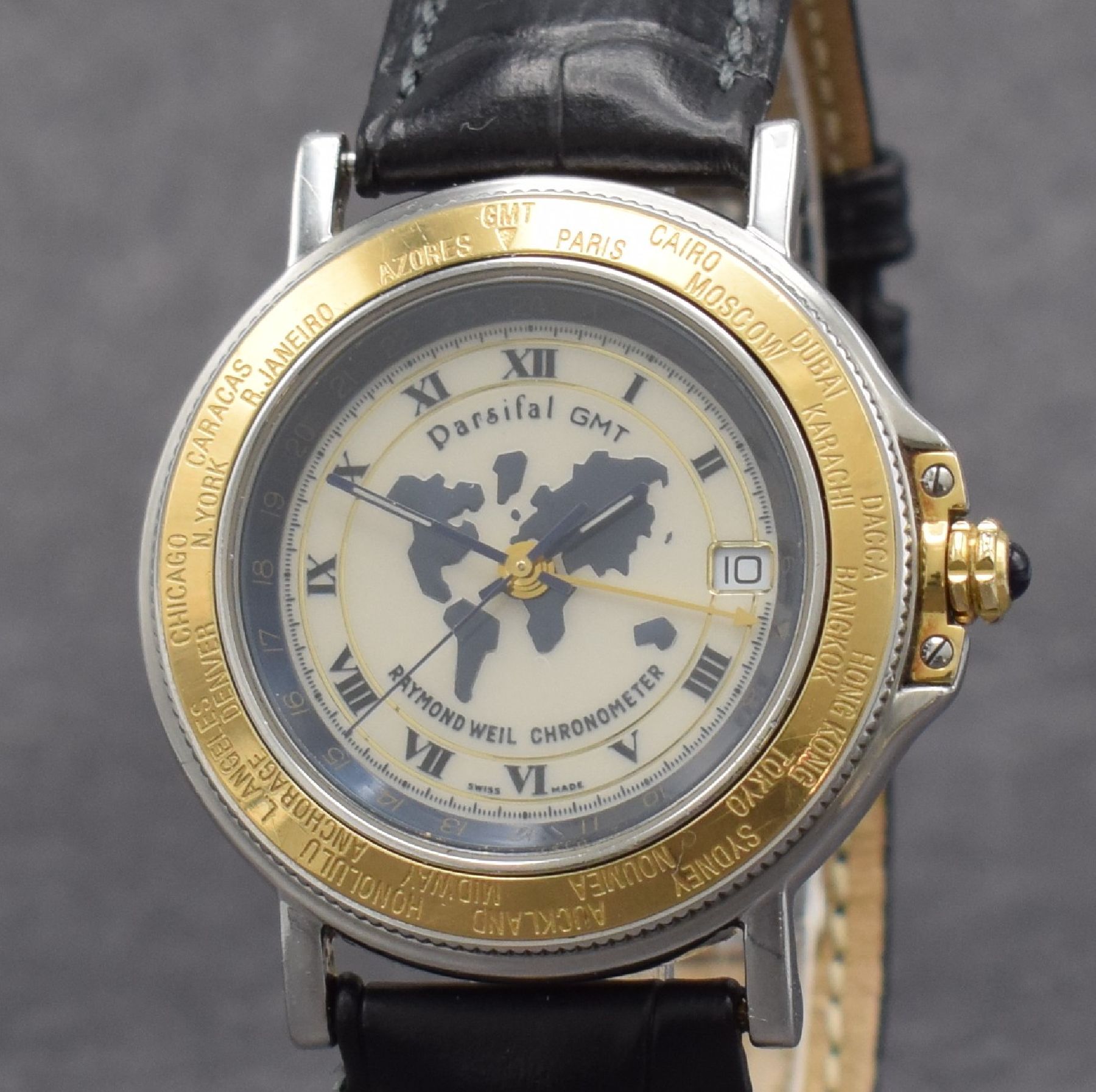 Detail c: RAYMOND WEIL Herrenarmbanduhr Parsifal GMT Chronometer in Stahl/Gold, Schweiz um 2000, Automatik, beids. vergl. Geh., Boden 4-fach verschr., ...