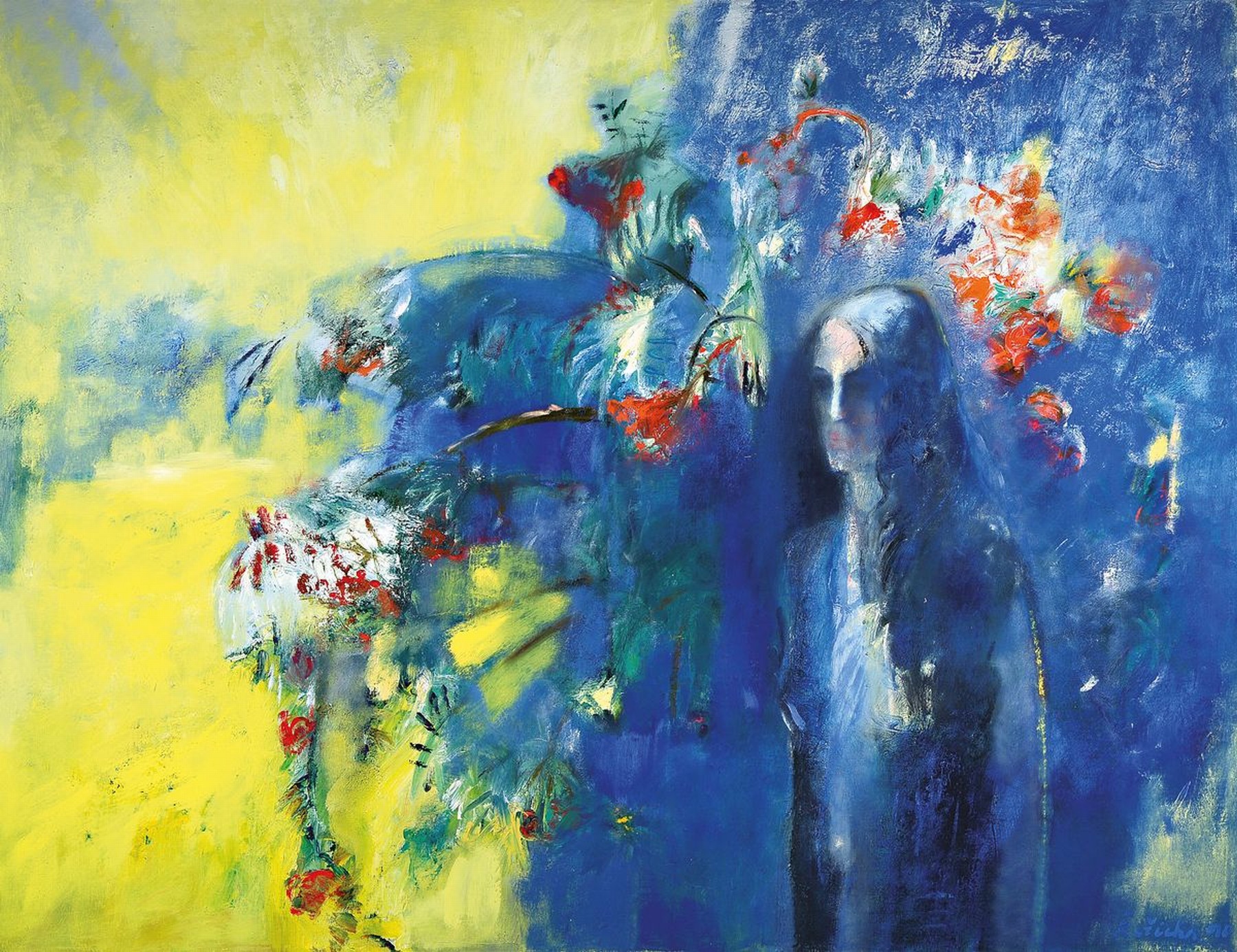 Jan Rericha, geb. 1960, Frau und Blumen, Öl/Lwd, rückseitig mit Ausstellungsetikett, ca. 100x130cm, R. ca.