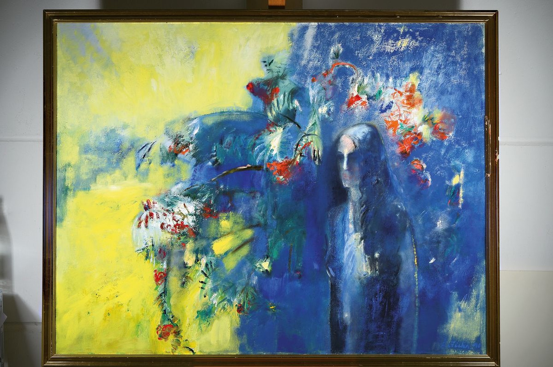 Detail k: Jan Rericha, geb. 1960, Frau und Blumen, Öl/Lwd, rückseitig mit Ausstellungsetikett, ca. 100x130cm, R. ca.
