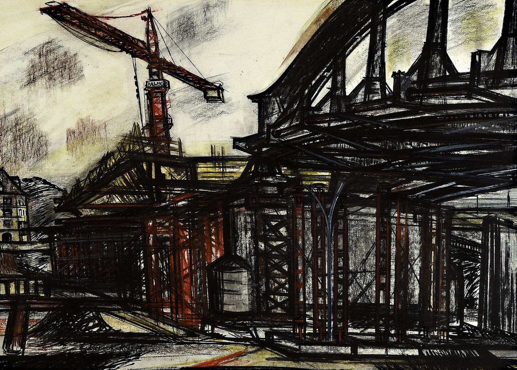 Elisabeth Bieneck-Roos, geb. 1925, große Brückenbaustelle, Tusche, Kohle und Wachsstift auf Papier, links unten signiert, ca. 59x82cm, PP, u.Gl., ...