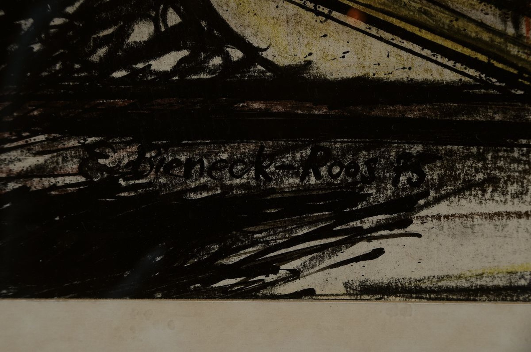 Detail a: Elisabeth Bieneck-Roos, geb. 1925, große Brückenbaustelle, Tusche, Kohle und Wachsstift auf Papier, links unten signiert, ca. 59x82cm, PP, u.Gl., ...