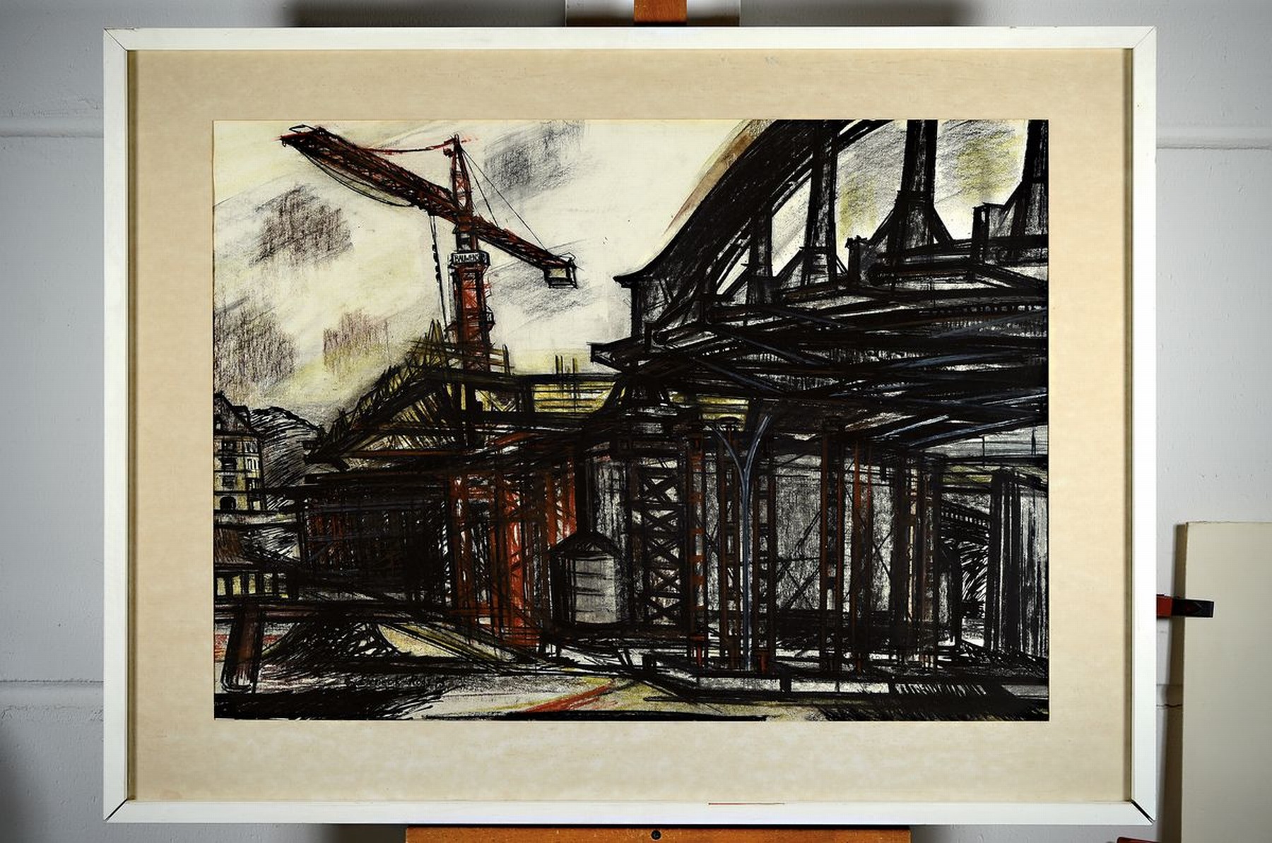 Detail k: Elisabeth Bieneck-Roos, geb. 1925, große Brückenbaustelle, Tusche, Kohle und Wachsstift auf Papier, links unten signiert, ca. 59x82cm, PP, u.Gl., ...